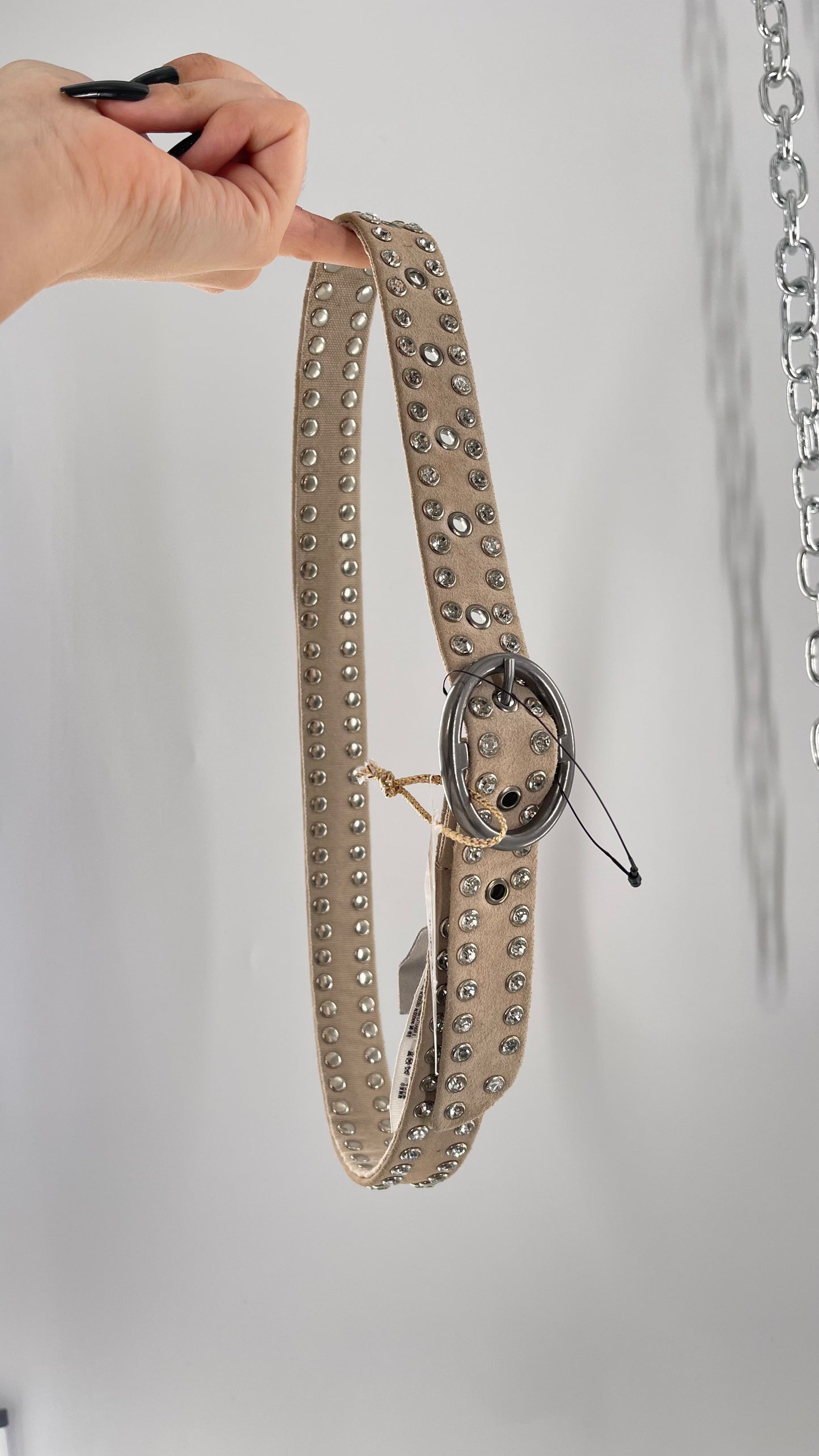 Free People Beige Leather Canvas Studded Rhinestone Crystal Studded Belt with Heavy Metal Buckle (S/M)