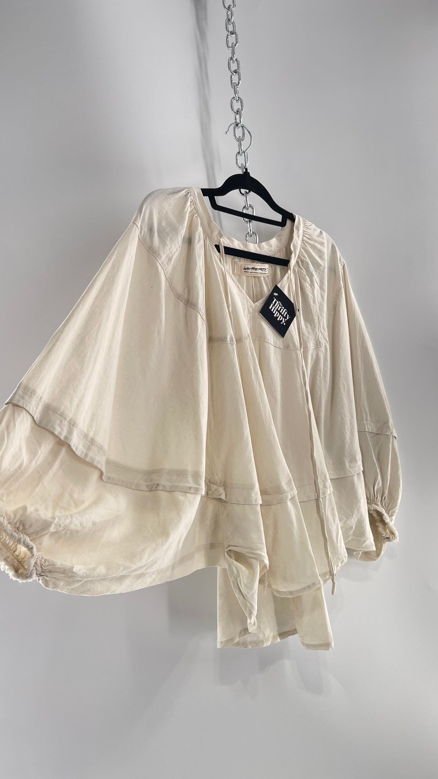 Free People Beige Off White Billow/ Prairie Sleeve Cape Blouse (Small)