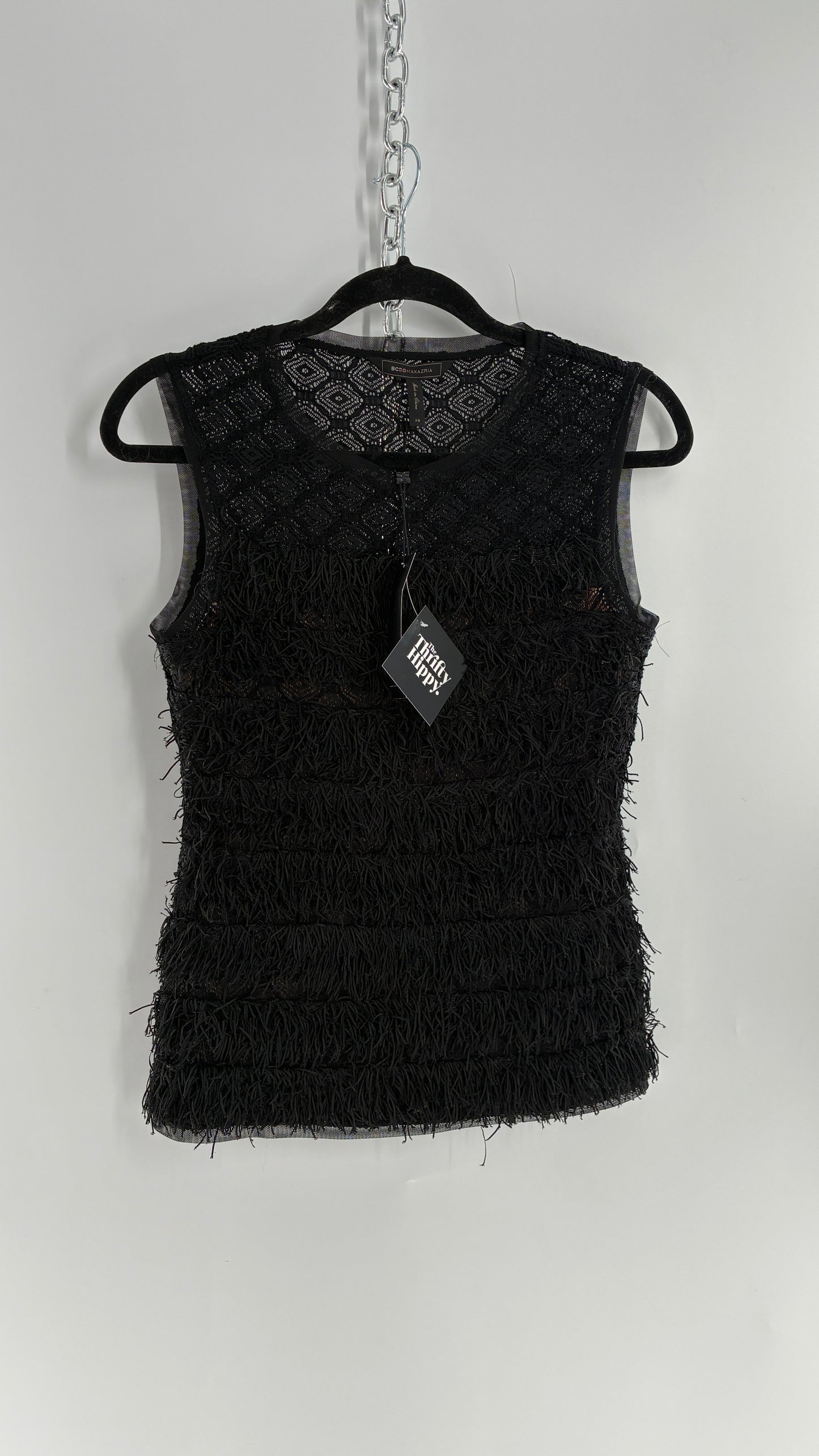 Deadstock Vintage BCBG MAXAZRIA Auden Black Fringe And Lace Top (XS)