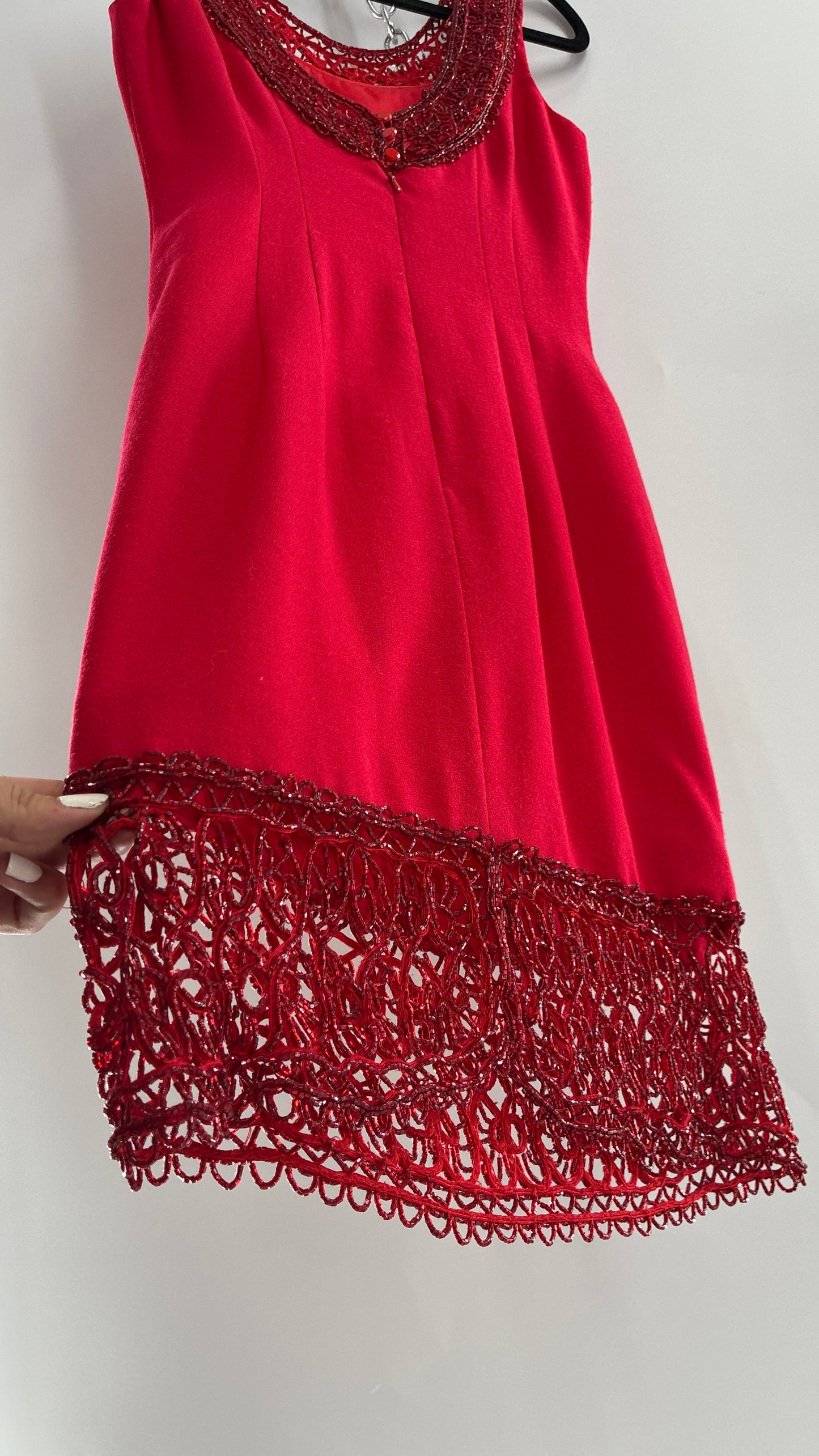 Vintage CARMEN MARC VALVO Red 100% Fitted, Tailored Wool Dress with Beaded Hem and Neckline (6)