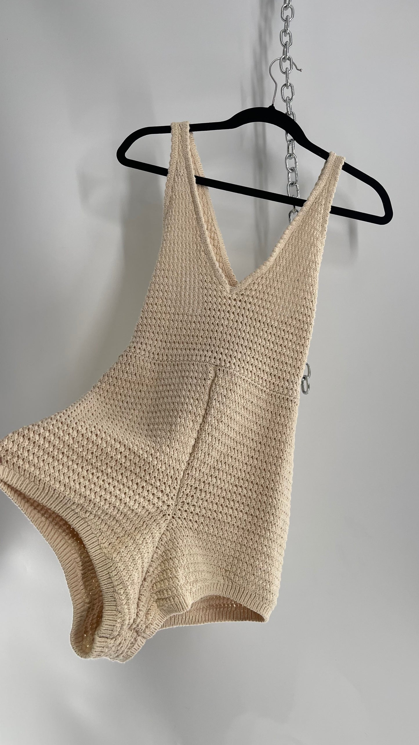 Free People Beige Crochet Thick Knit Beige Jumpsuit Romper (XS)