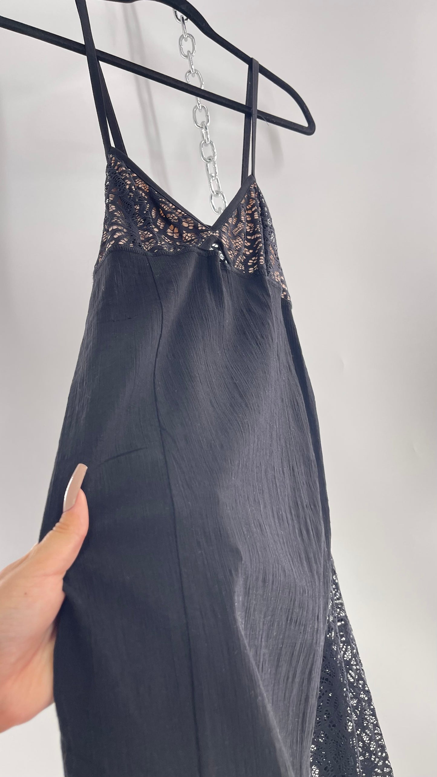 Intimately Free People Set Black Mini Dress with Nude Bust and Lace Sheer Maxi Skirt (Medium)