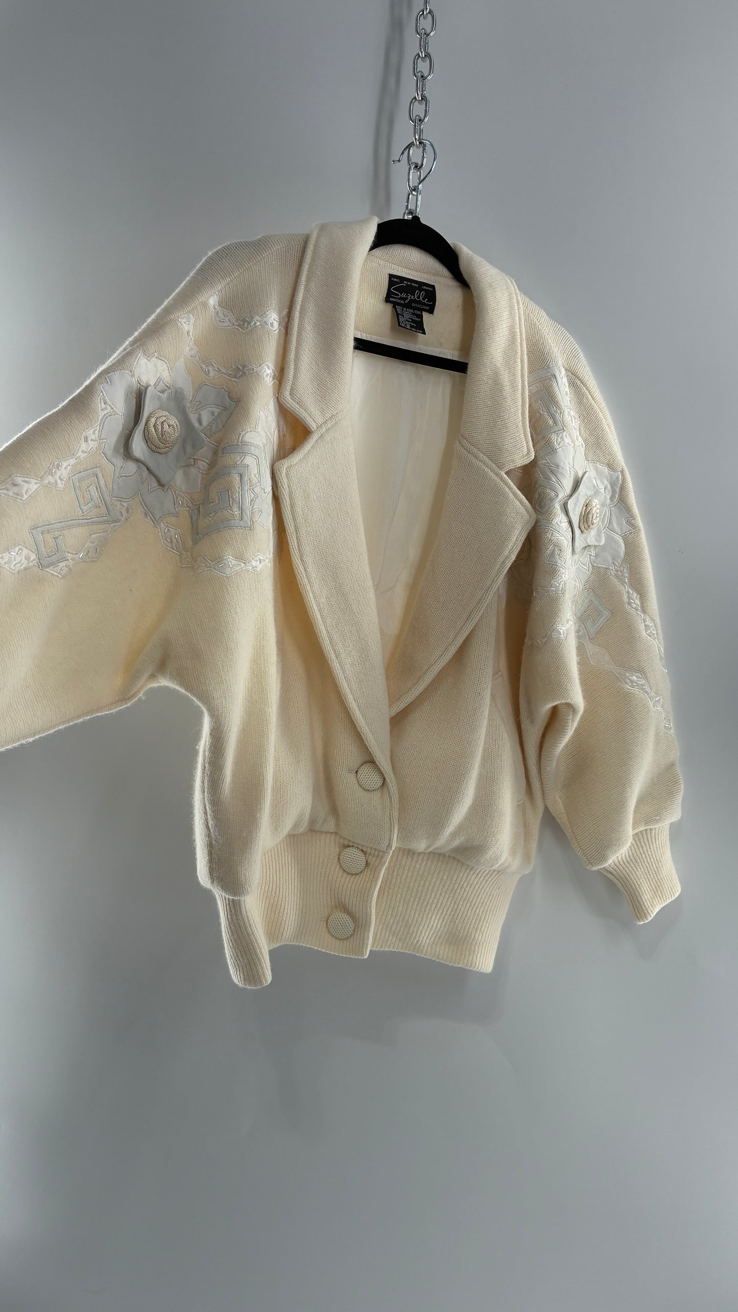 Vintage SUZELLE 70% Lambswool, 20% Angora Rabbit Off White Woven Bomber Jacket with Leather Flower Appliqués (Medium)