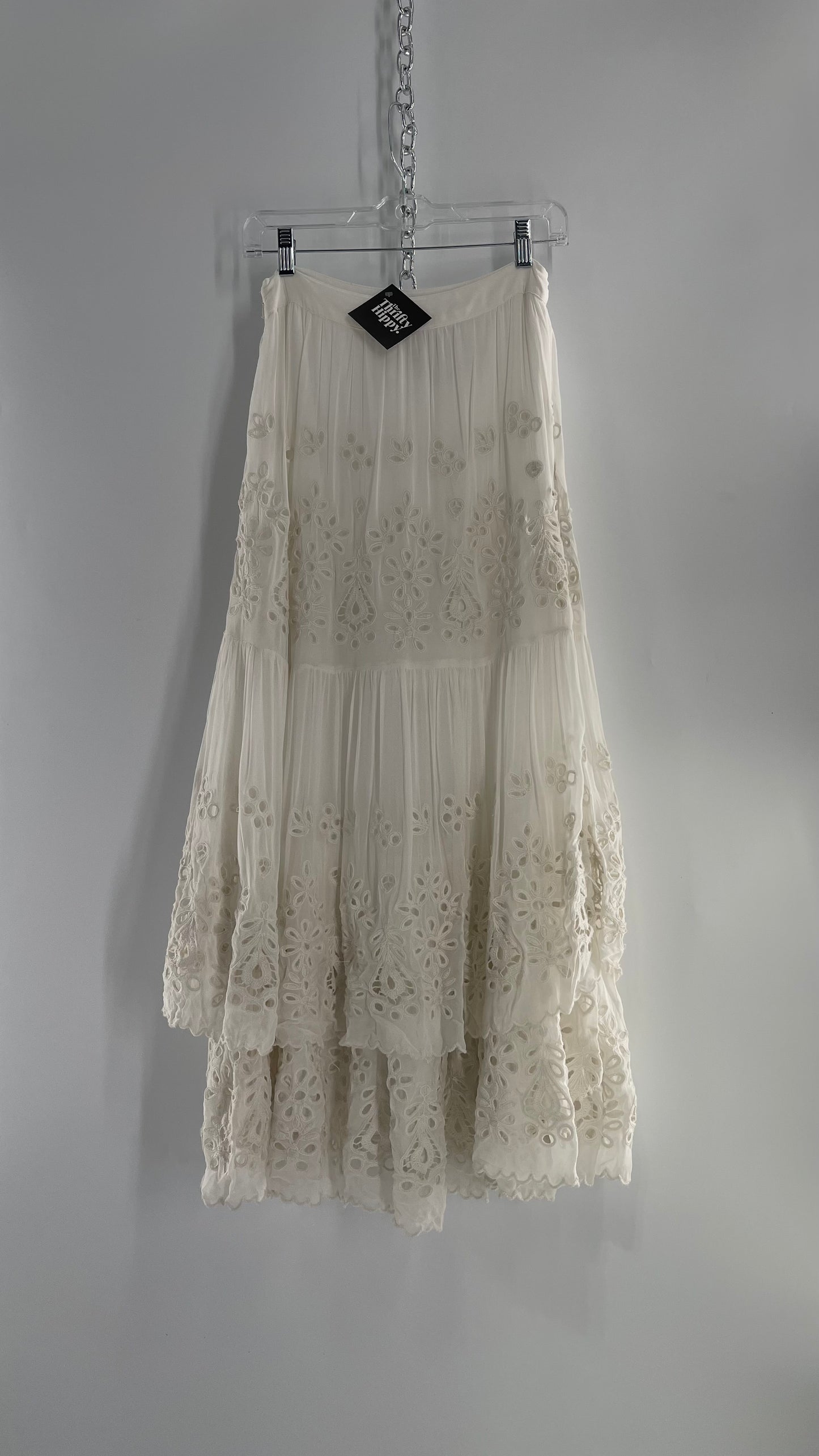 Free People White Embroidered Eyelet/Lace Voluminous Tiered Ruffle Full Length Skirt (4)