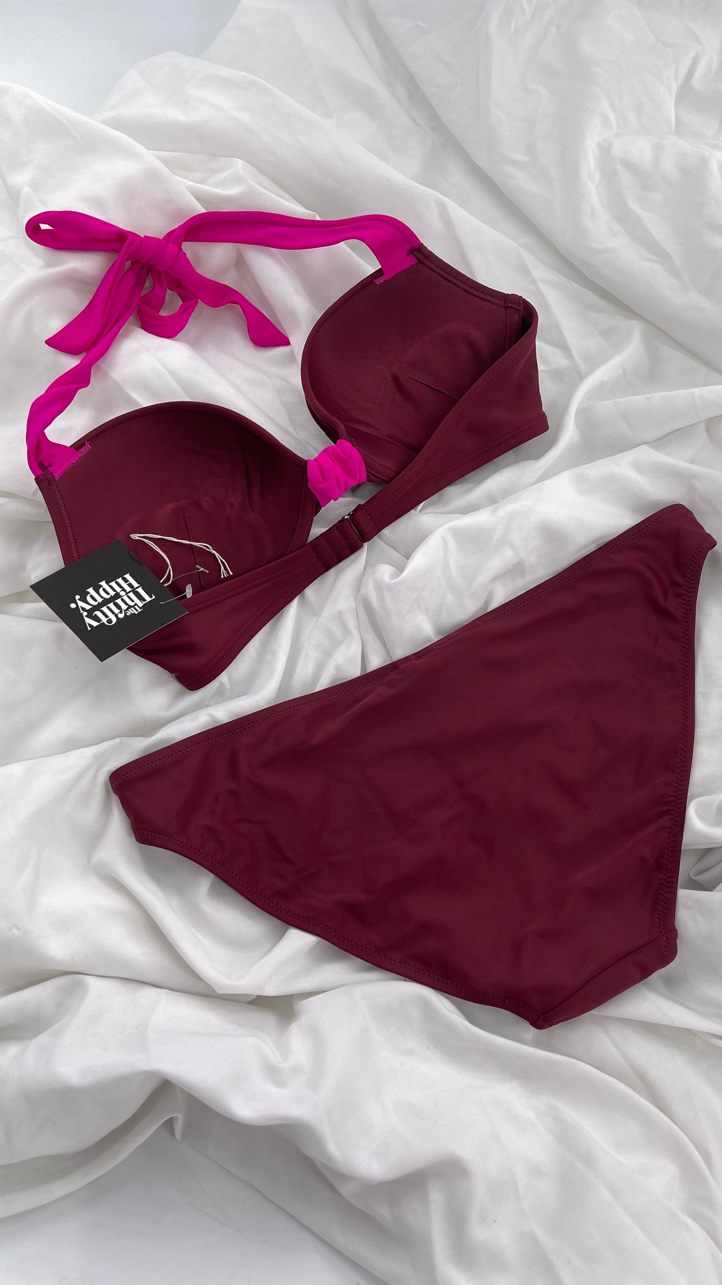 AERIE Burgundy Padded Underwire Swim Top Set with Fuchsia Details (36C/L Bottoms)