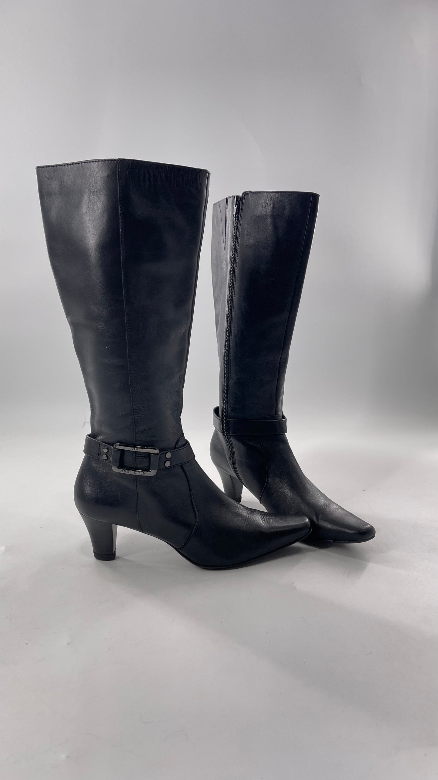 Vintage Black Anne Klein Leather Knee High Boots with Pointed Toe and Ankle Metal Buckle Detail (8)