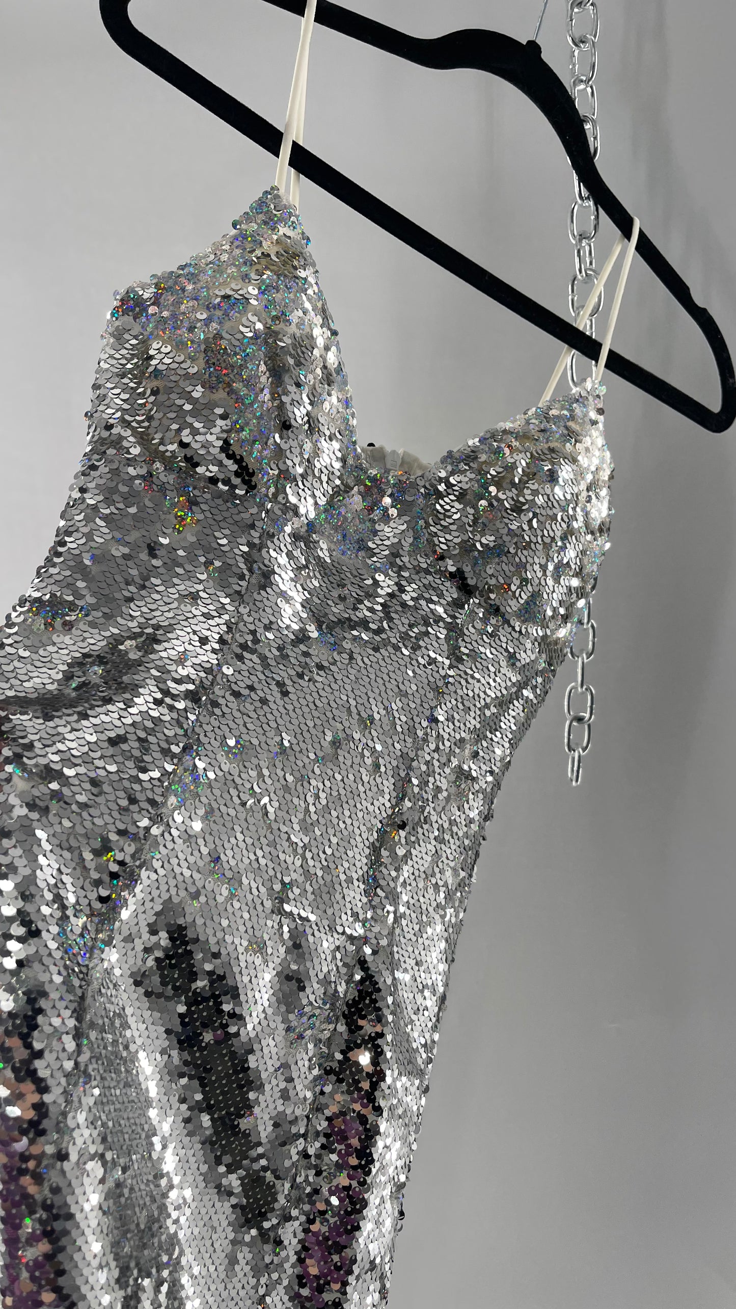 Princess Polly Silver Iridescent Sequin Mini Dress with Triangle Cups and Thigh Slit (0)