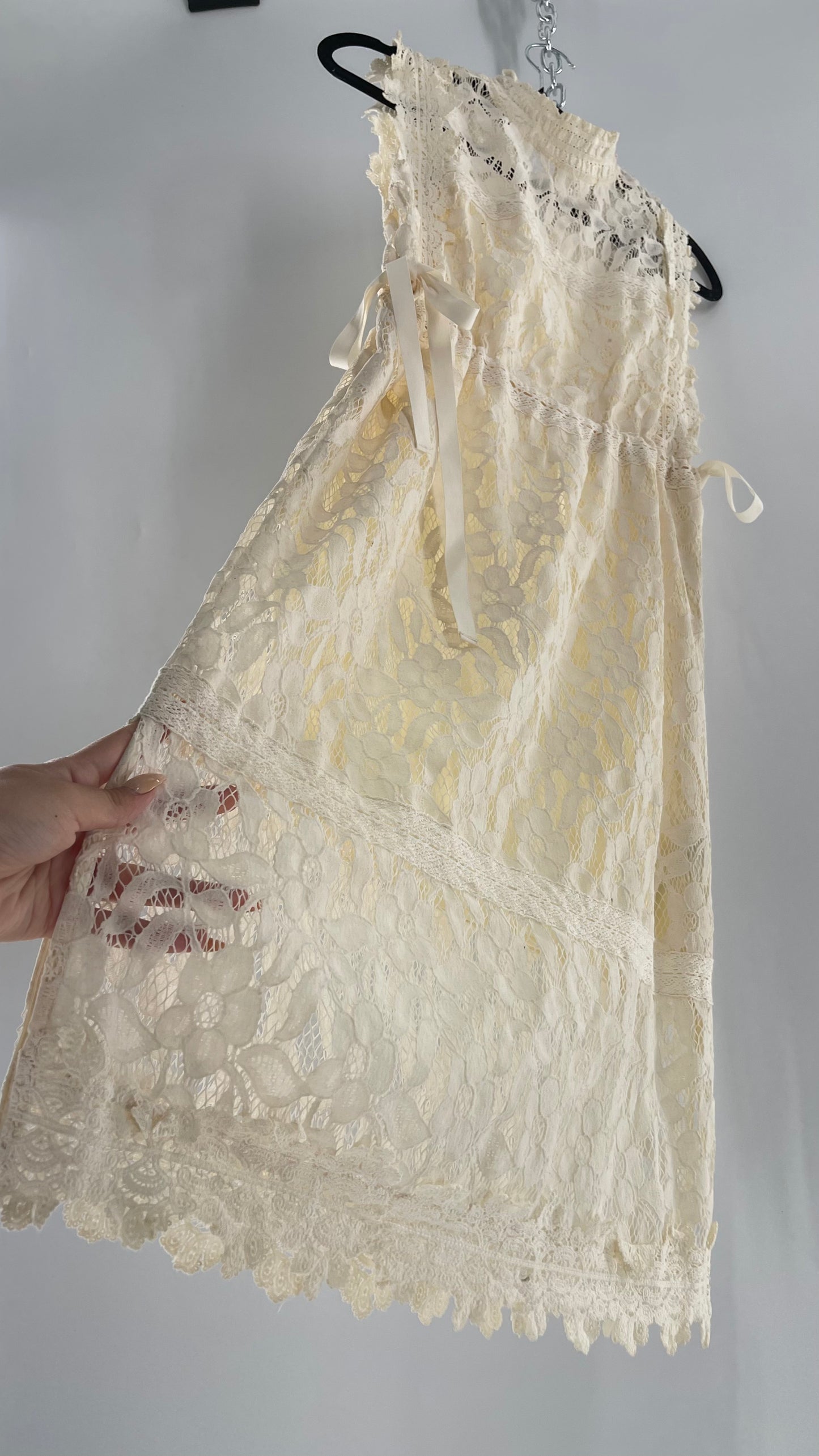Eri + Ali Anthropologie Velvet Lace MIDI Dress with High Neckline and Side Bow Ties(XS)