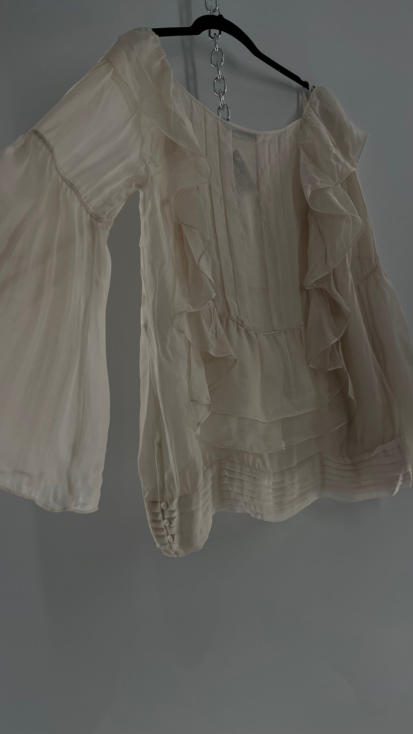 ZARA Ruffled and Embroidered Bell Sleeve Blouse (Large)