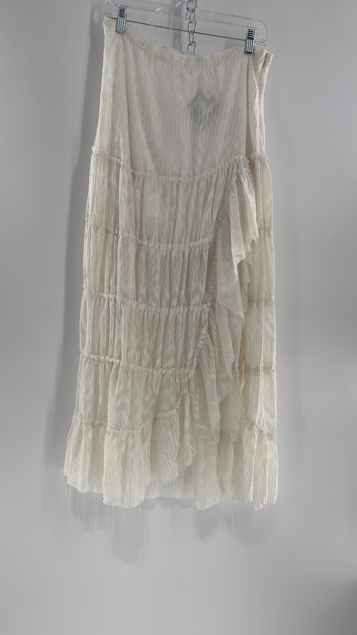 Free People Raw Edge Hem White Gold Tinsel Skirt with Ruffle Side Slit (Small)