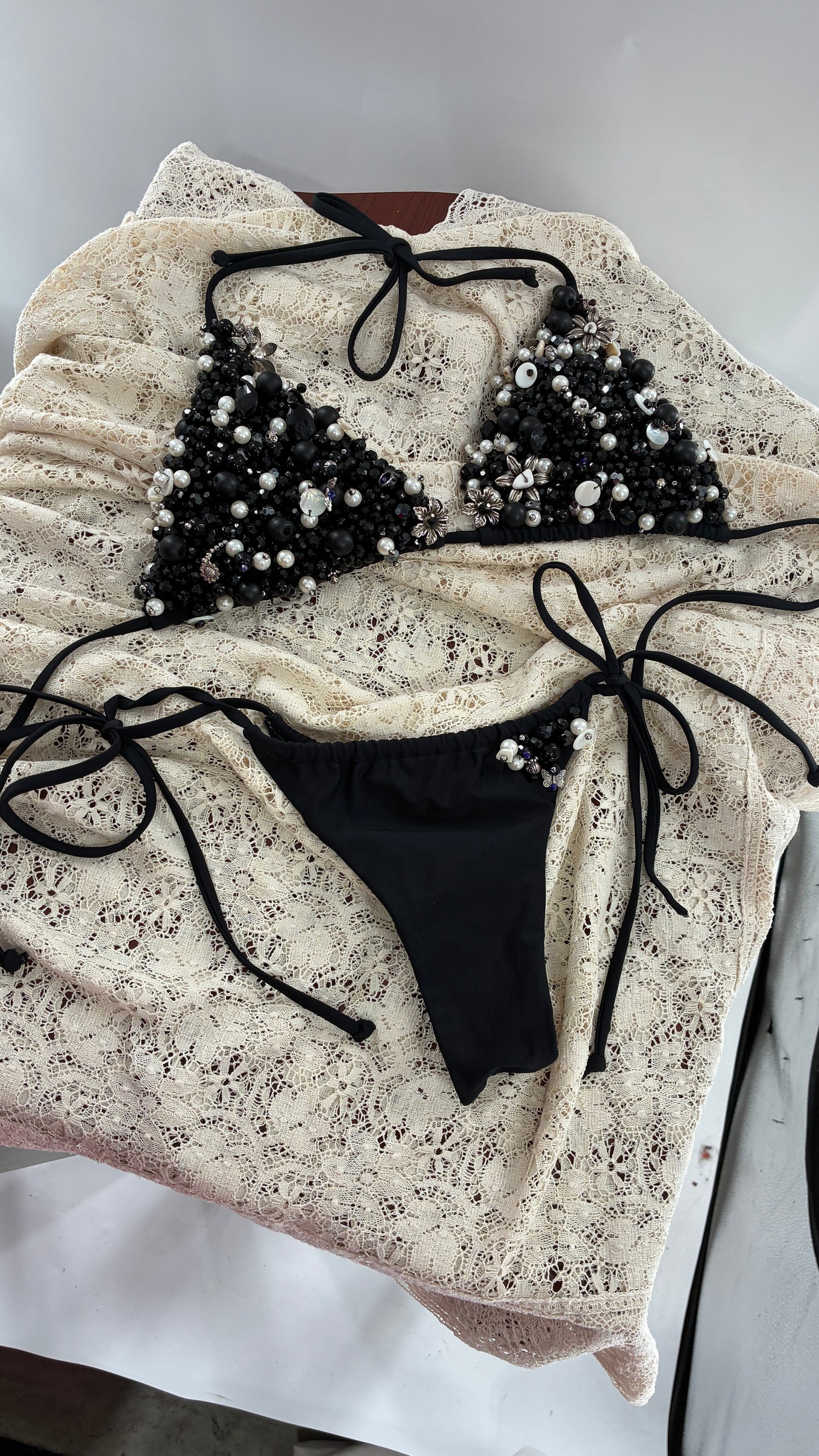 CUSTOM 1/1 Black Swimsuit Covered in Hand Placed and Sewn Beads, Charms, and Gems (MEDIUM)