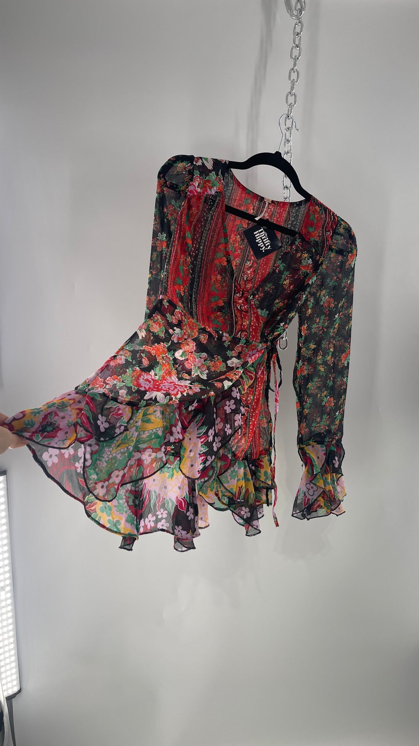 Free People Black Colorful Floral Tie Front Blouse with Ruffled Sleeves and Hem(XS)