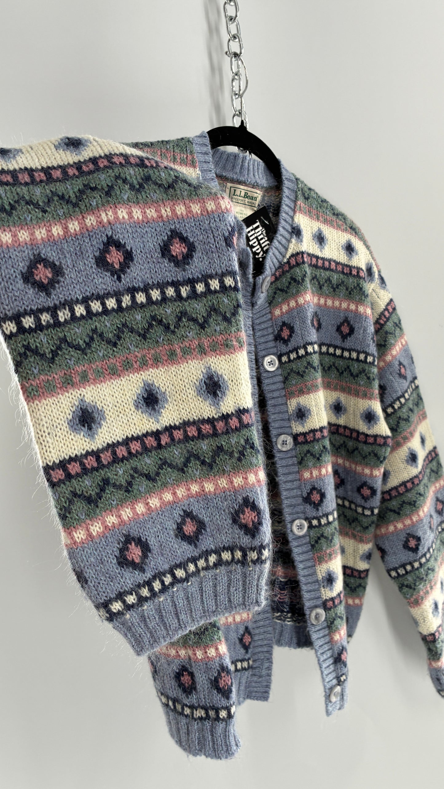 Vintage LL Bean 25% Mohair Striped Knit Blue Green Pink Cardigan (XL)