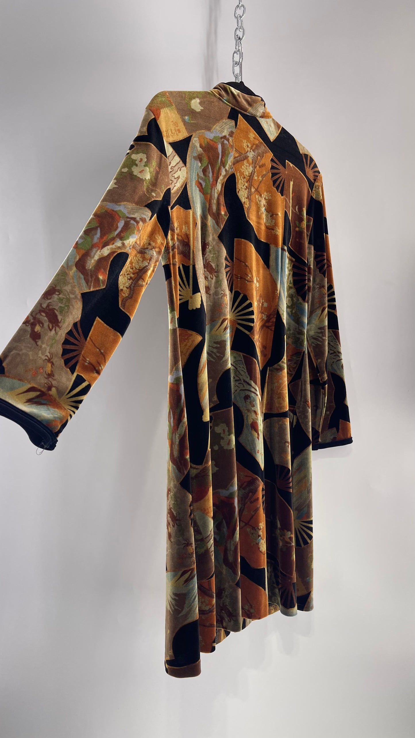 Vintage CLIO 1990s Black Velvet/Velour Fan Patterned Duster Coat (Medium)