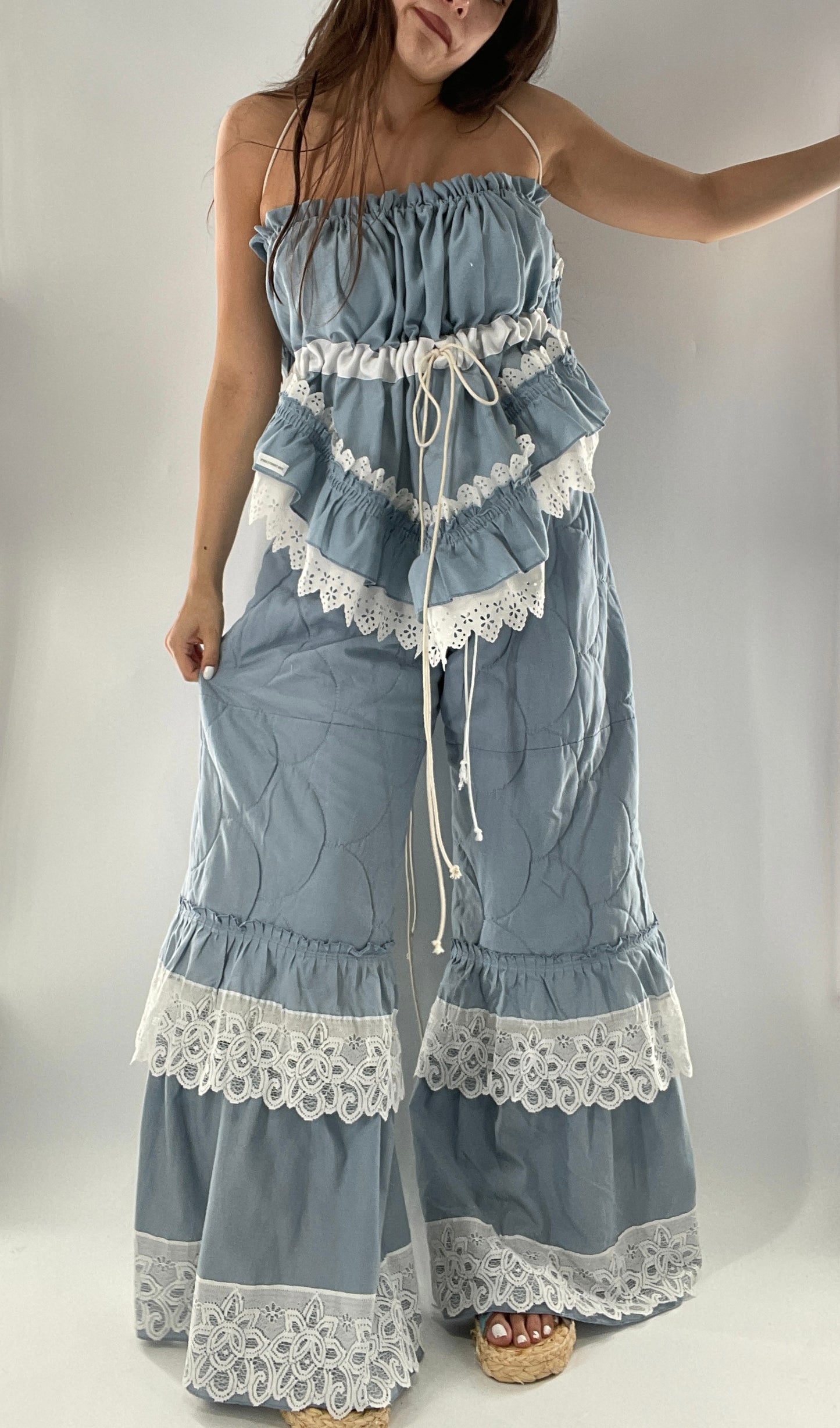 Vintage 2 Piece Powder Blue Set Featuring 2Way Blouse and Quilted Trousers Covered in Ruffles, Lace and Trim (One Size)