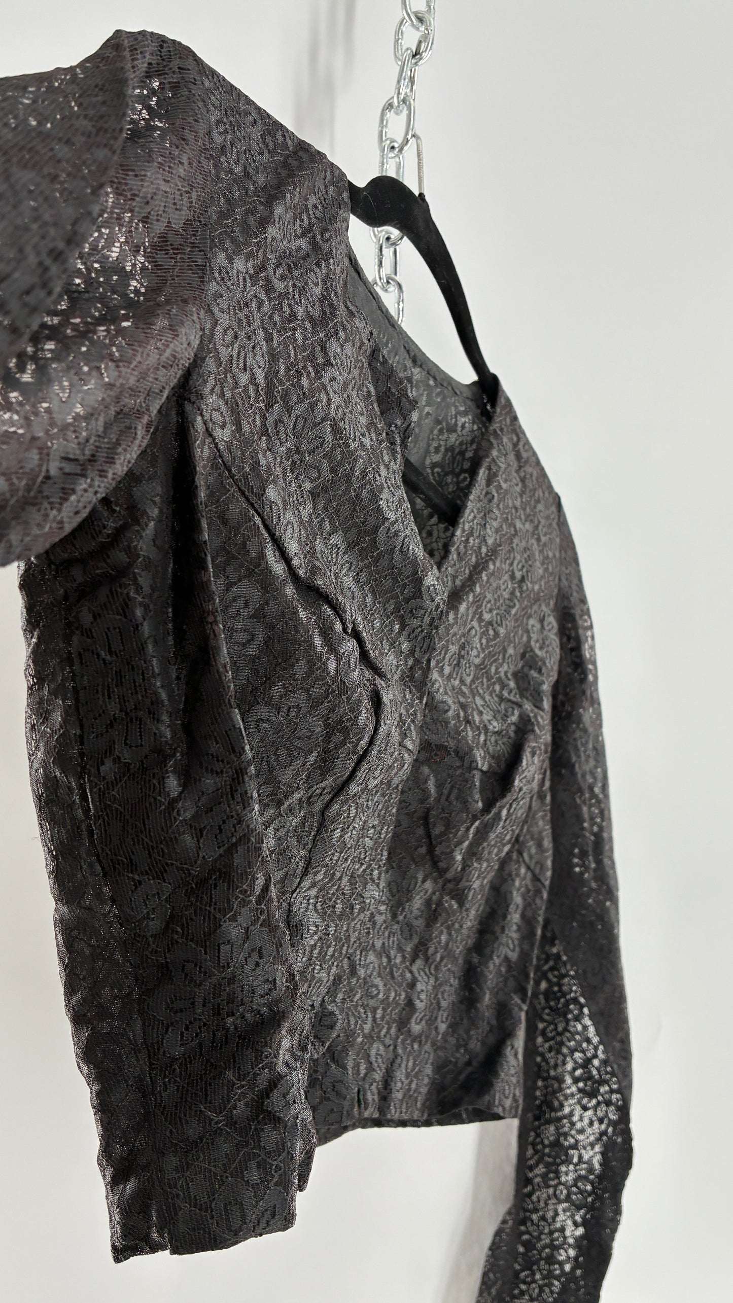 Vintage 1950s Ladies Own Black Lace Cropped Long Sleeve with Bust Stitching (Small)