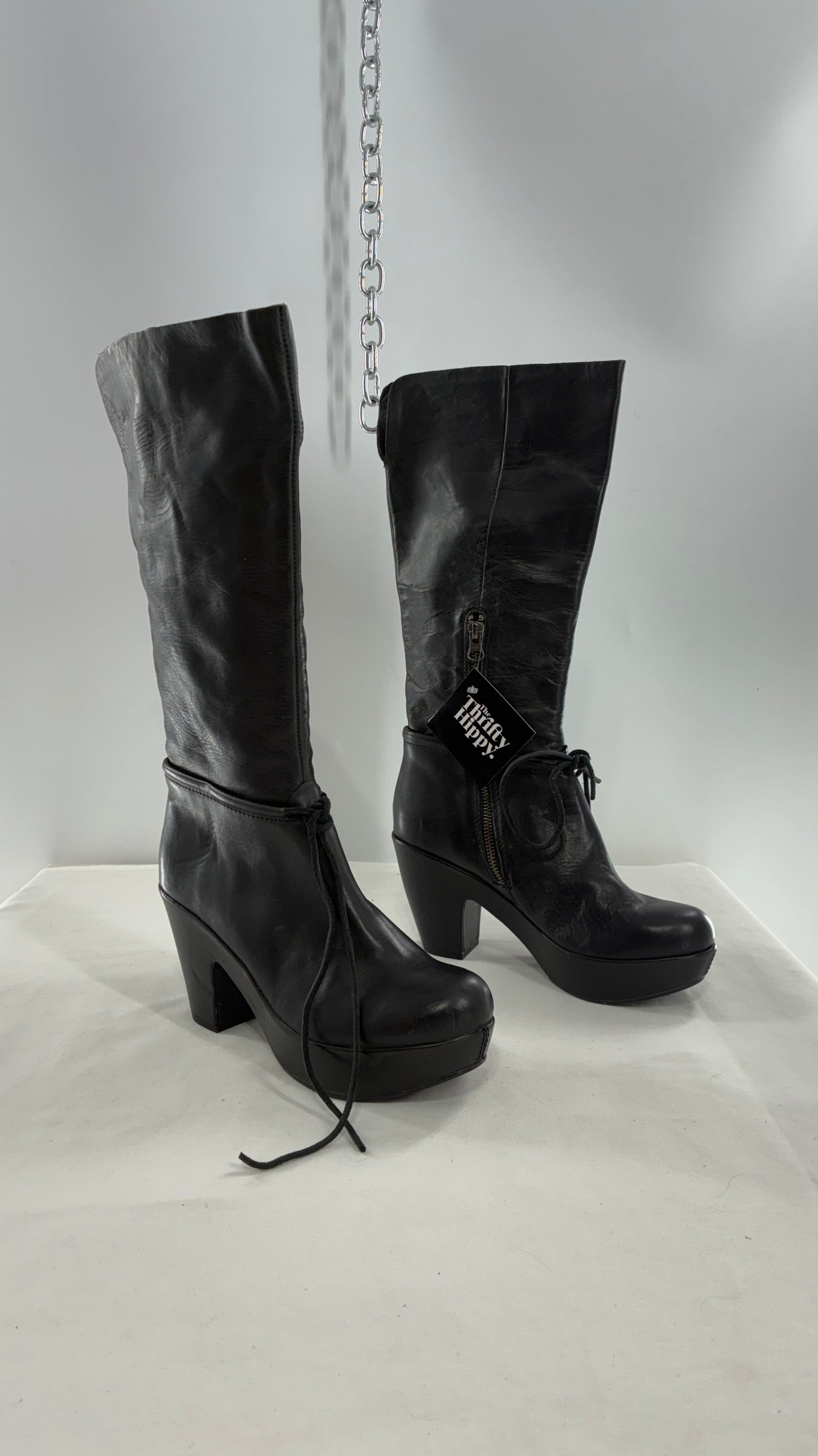 Vintage KORK EASE Black Genuine Leather Platform Clog, Knee High Boots (8/39)