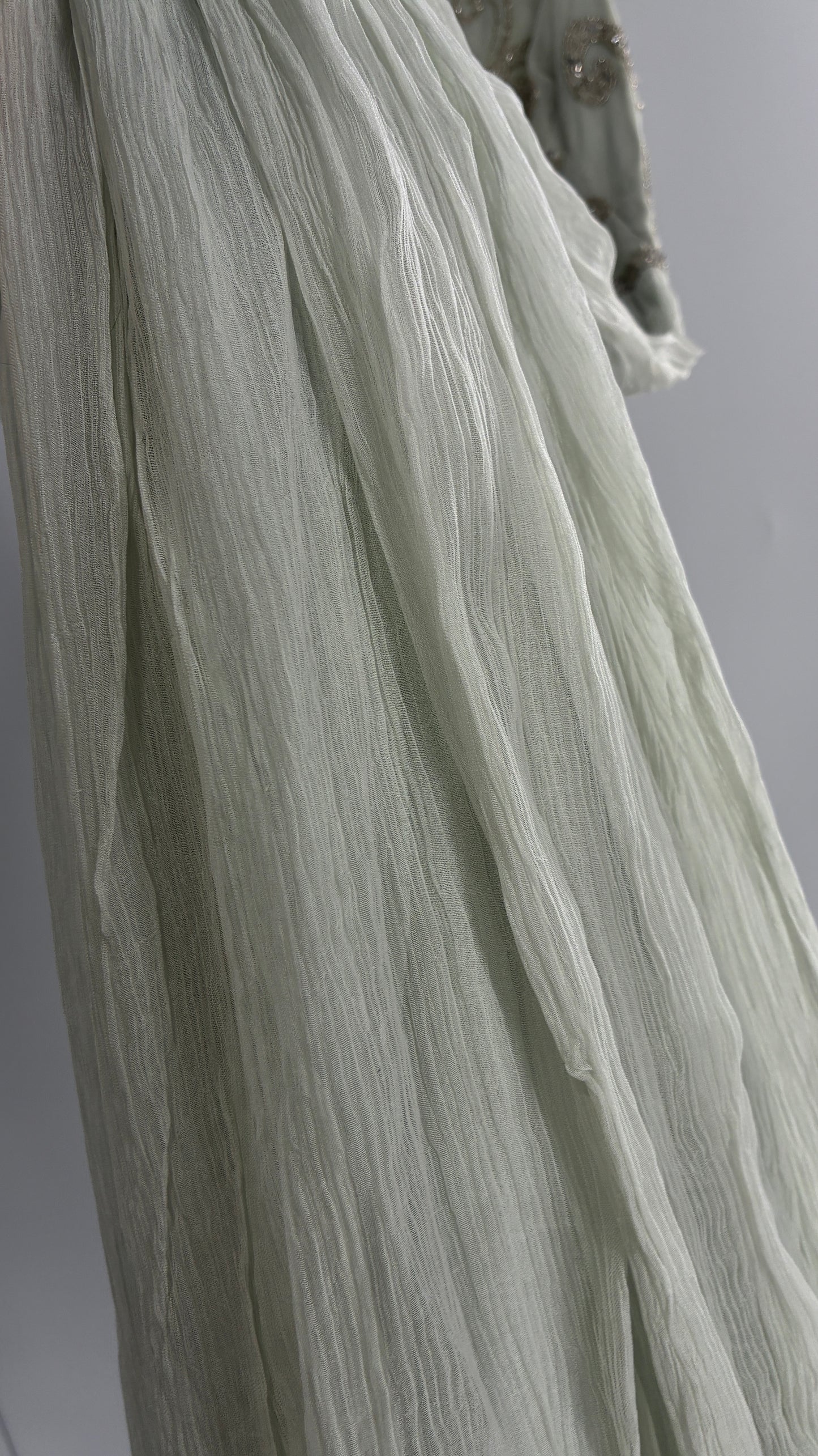 KIMCHI BLUE Light Greyish Seafoam Green Crimped Gown with Beaded Bodice and Sheer Back (2)