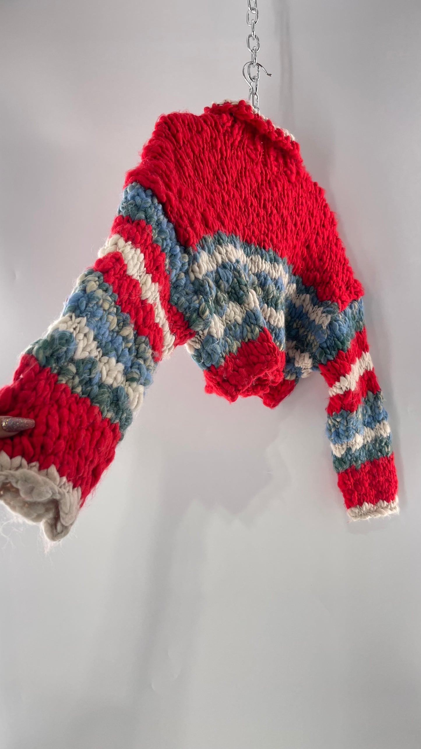 BDG Urban Outfitters Thick Knit Red White Blue Chunky Cropped Striped Cardigan (XS)