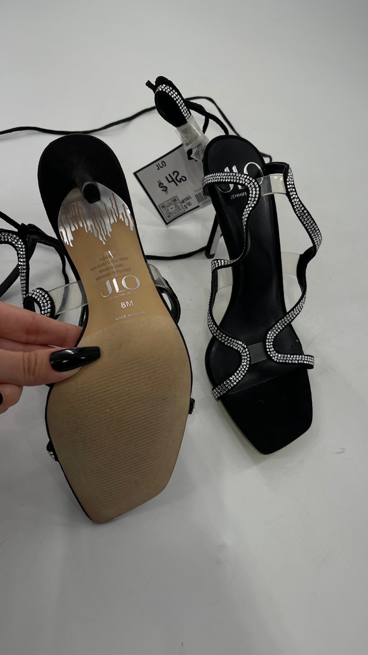 JLO Black Square Toe Rhinestone Wrap Around Tie Up Heel (8)