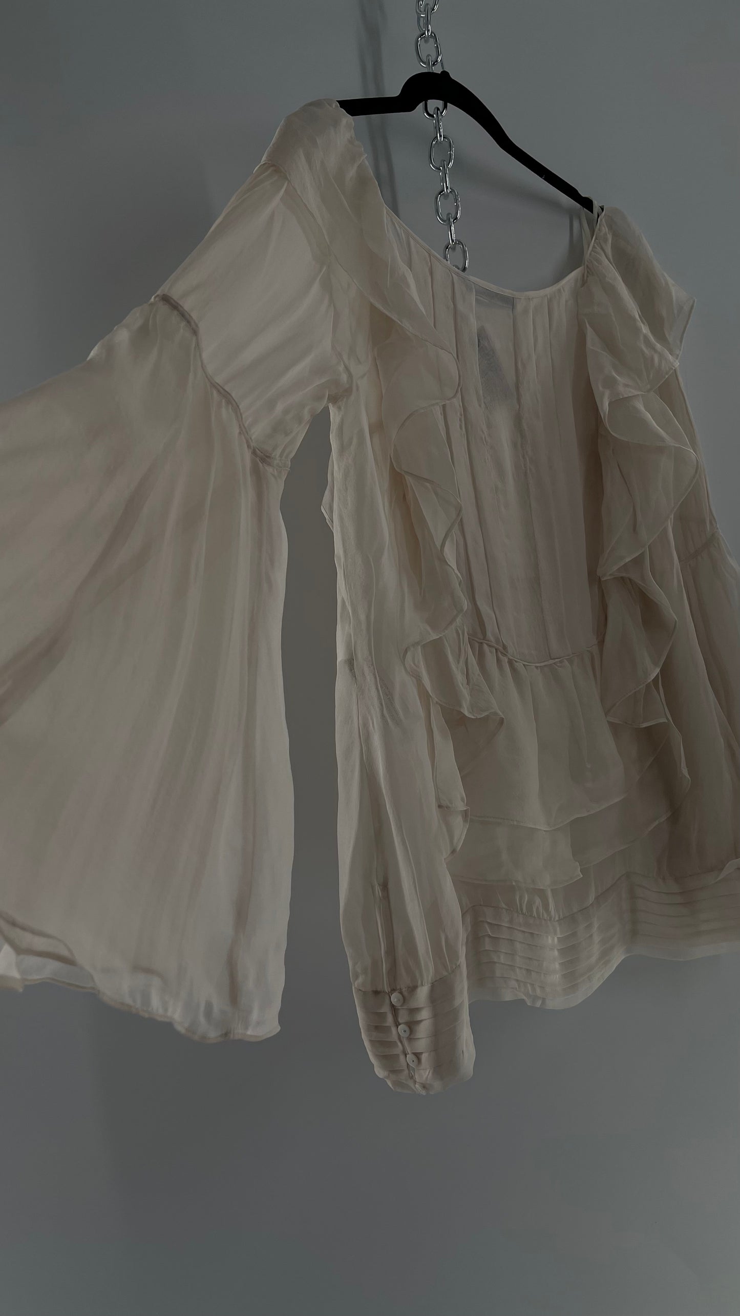 ZARA Ruffled and Embroidered Bell Sleeve Blouse (Large)
