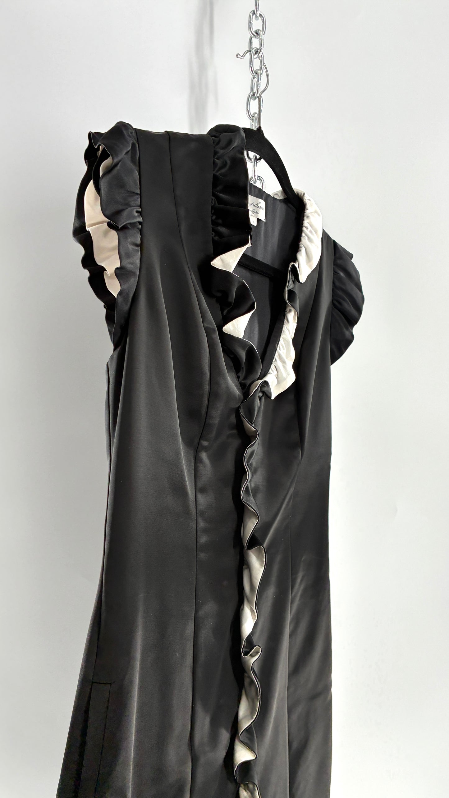 Vintage ADAM PLUS EVE Adam Lippes 58% Wool Black Paneled, Tailored Dress with White Ruffles (6)