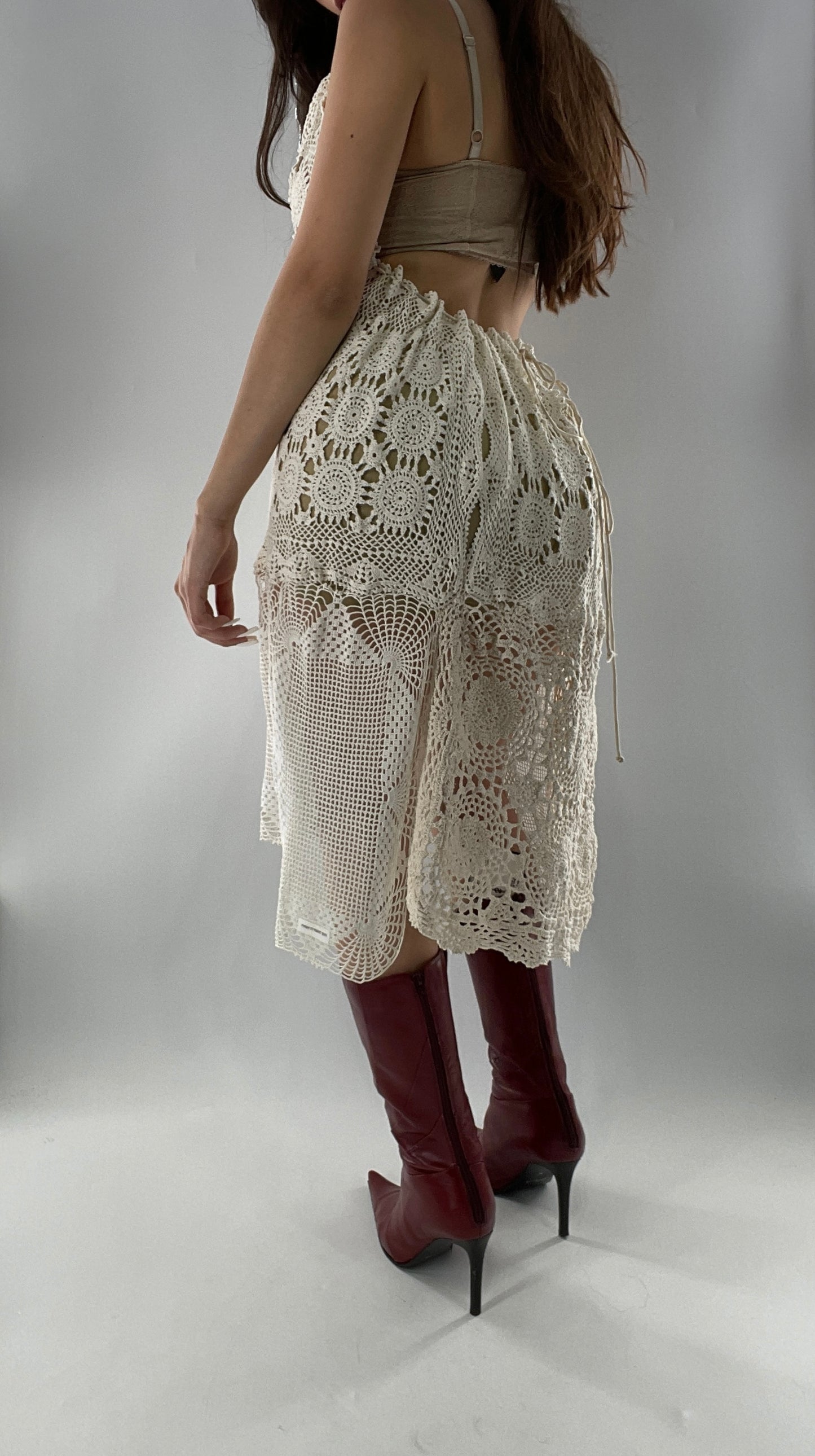 Vintage Handmade Crochet Cottage Adjustable Dress with Open, Low Back (One Size)