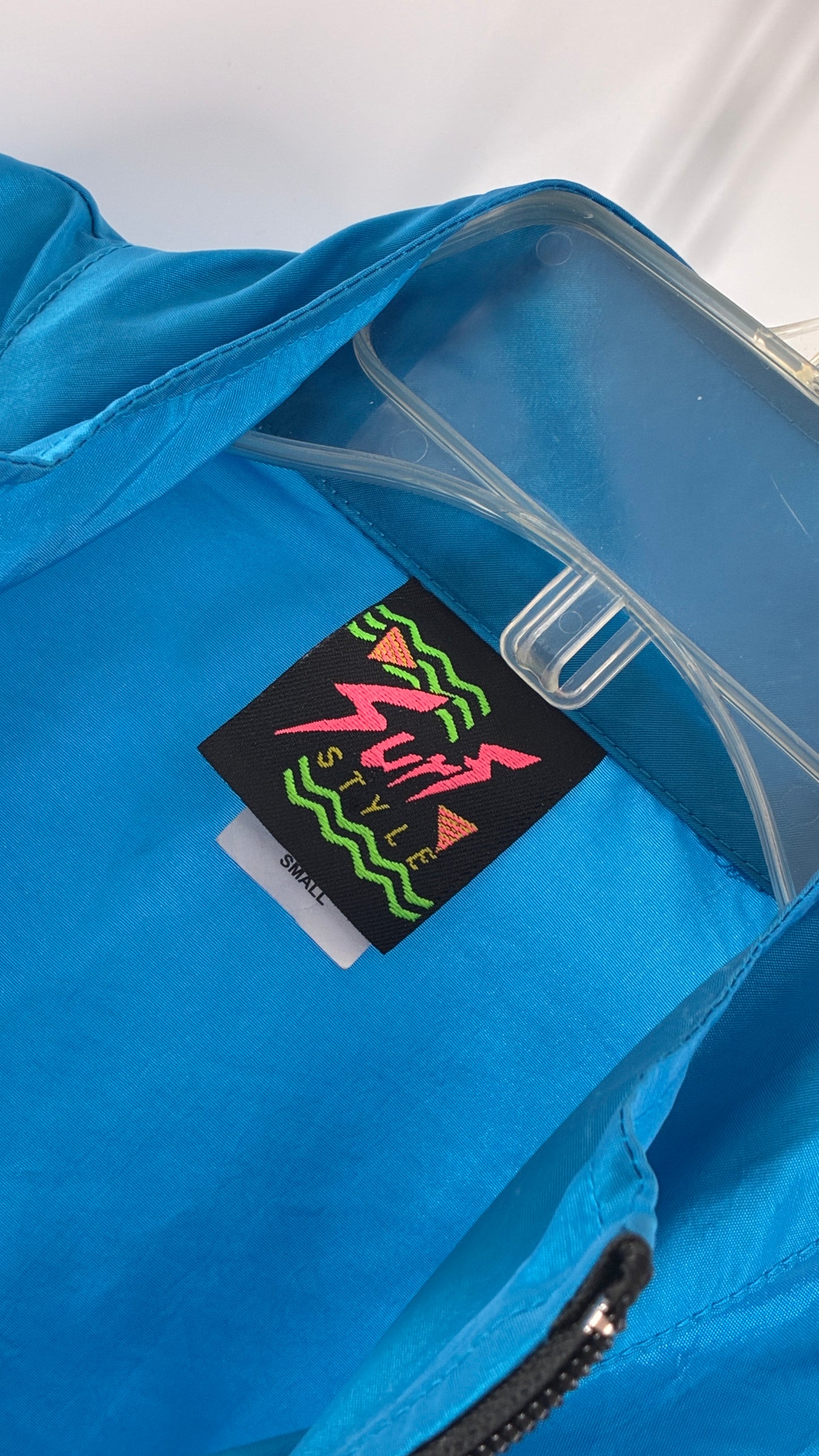 Vintage 1980s SURF STYLE Unisex Blue Track Workout Set with Windbreaker and Shorts, Neon Graphics (Small)