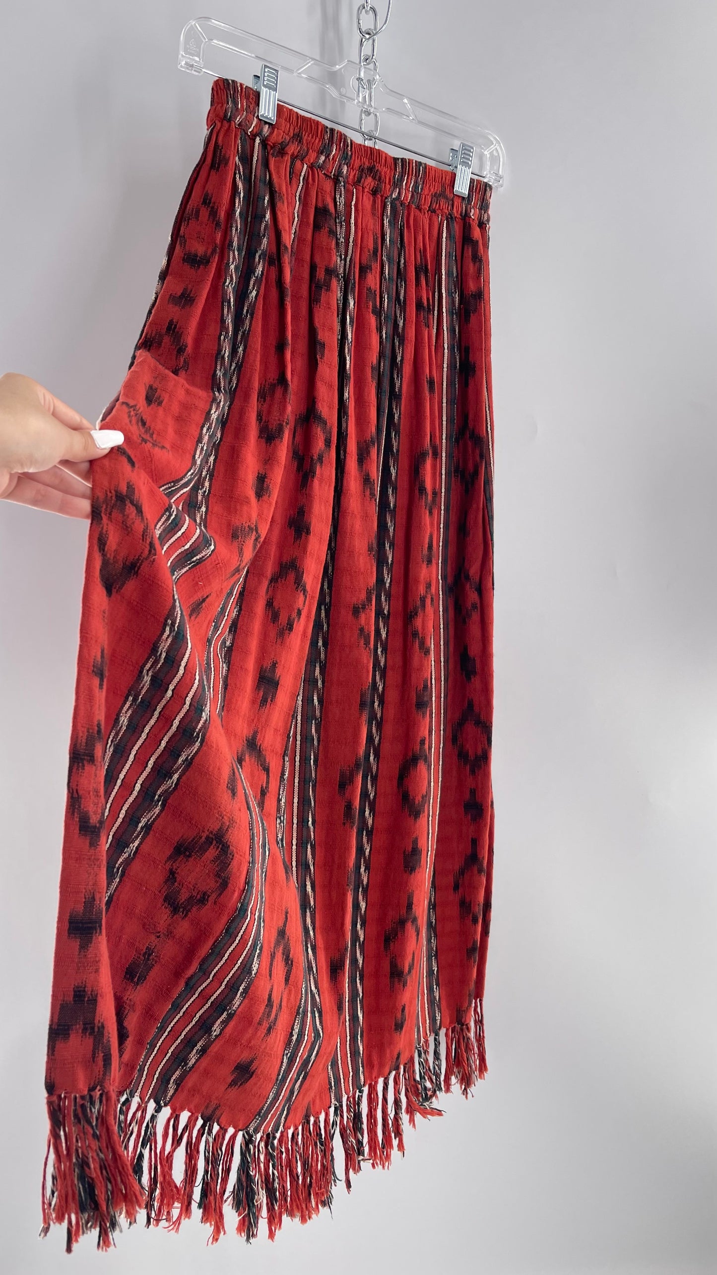 Vintage 100% Cotton Hand Woven Moon Weaver Burnt Orange Dessert Skirt  with Fringe (M/L)