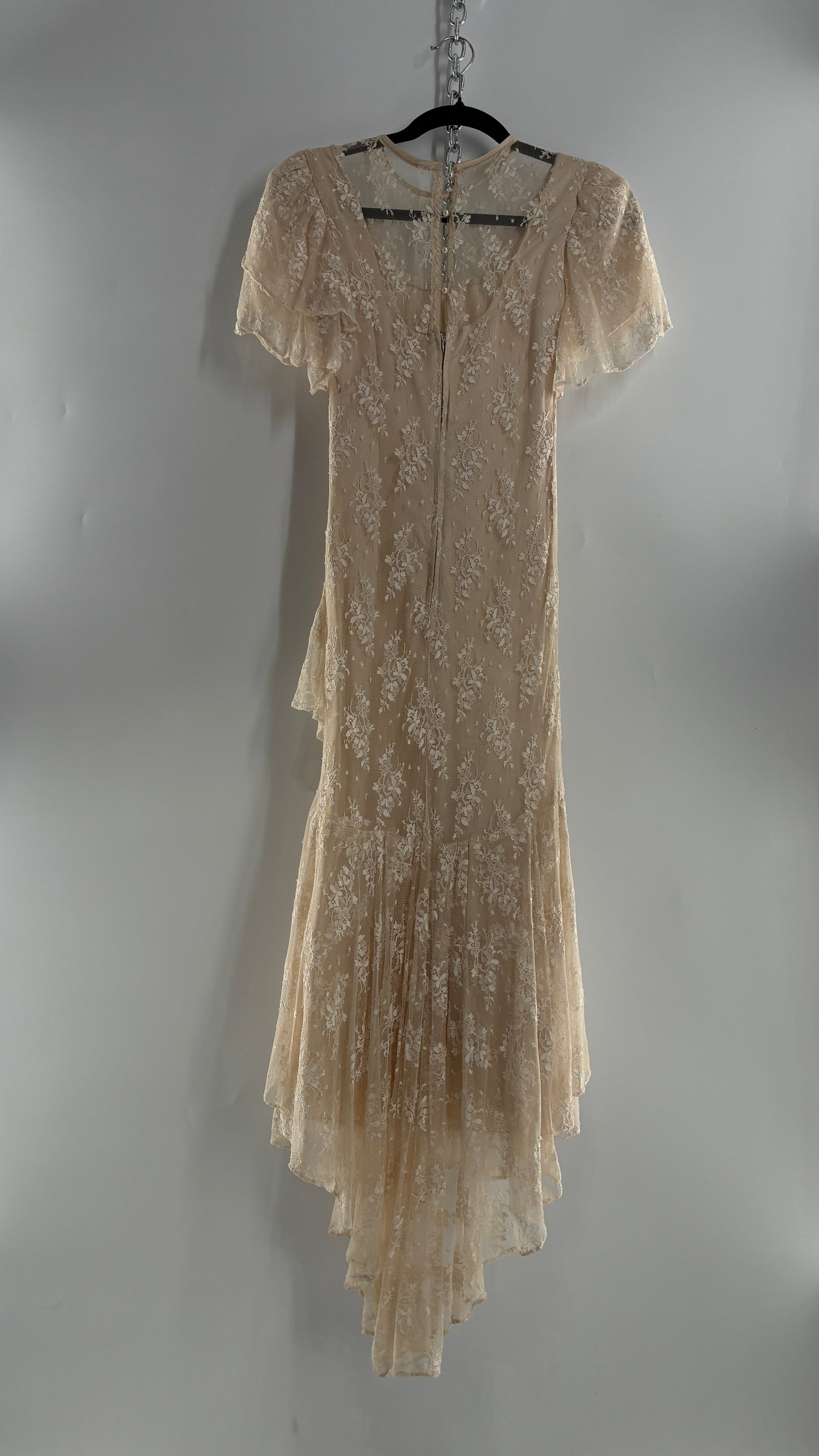 Vintage Ivory Lace Gown with Petal Sleeves, Tiered Hemline (5/6)