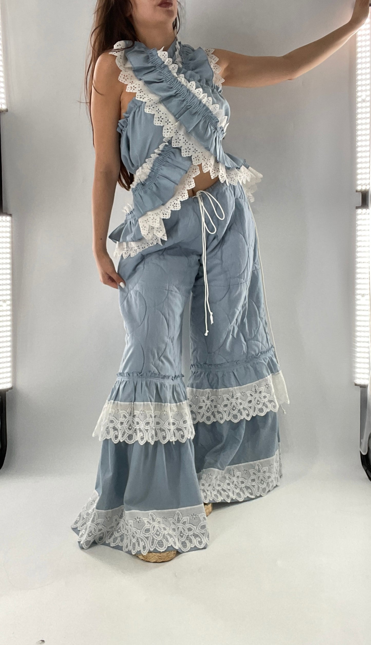 Vintage 2 Piece Powder Blue Set Featuring 2Way Blouse and Quilted Trousers Covered in Ruffles, Lace and Trim (One Size)