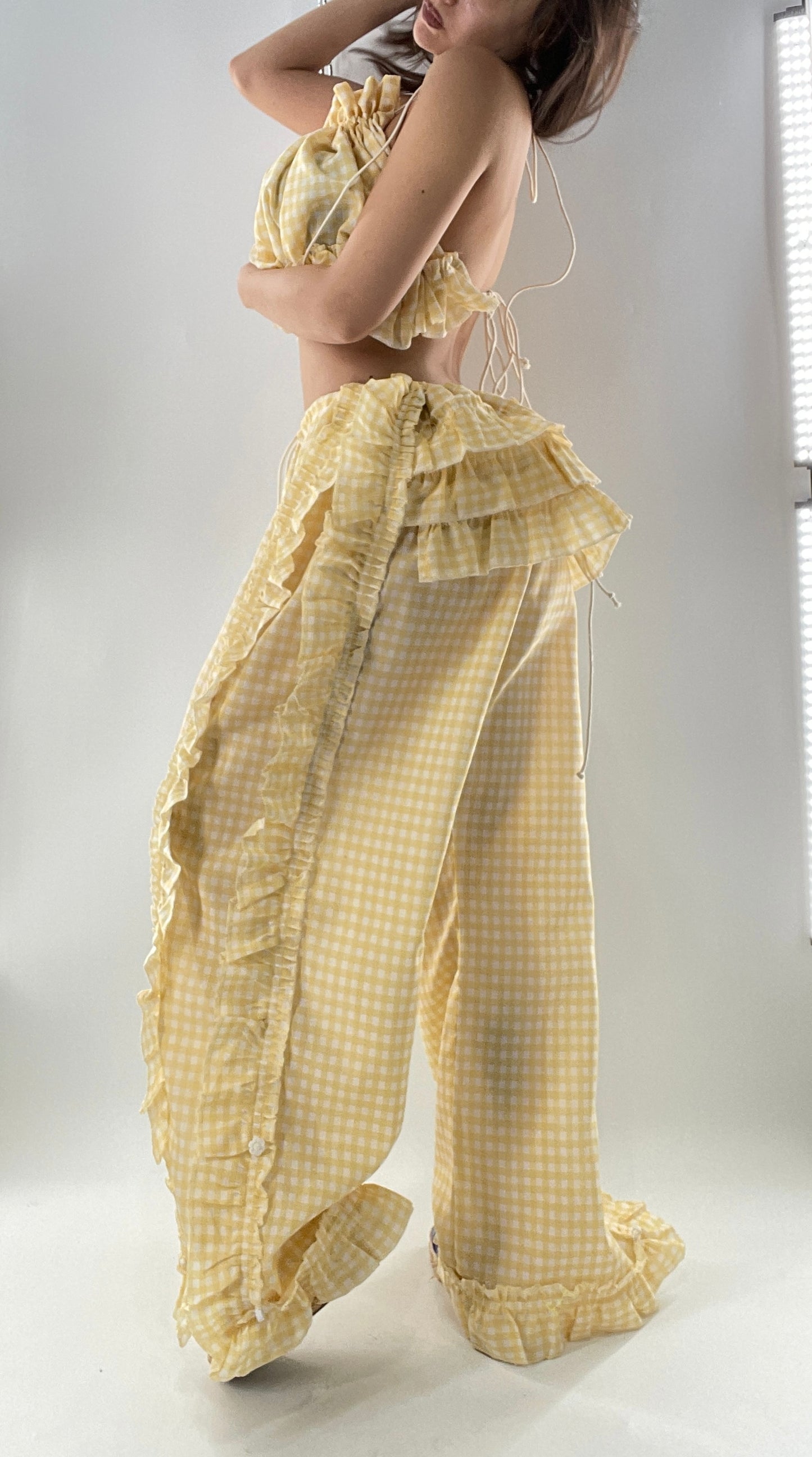 Vintage 2 Piece Yellow Checkered/Gingham Patterned Picnic Set with Ruched Bust Top and Ruffle Side Wide Legs with Adjustable Length, Strap Up Buttons on Hem (One Size)