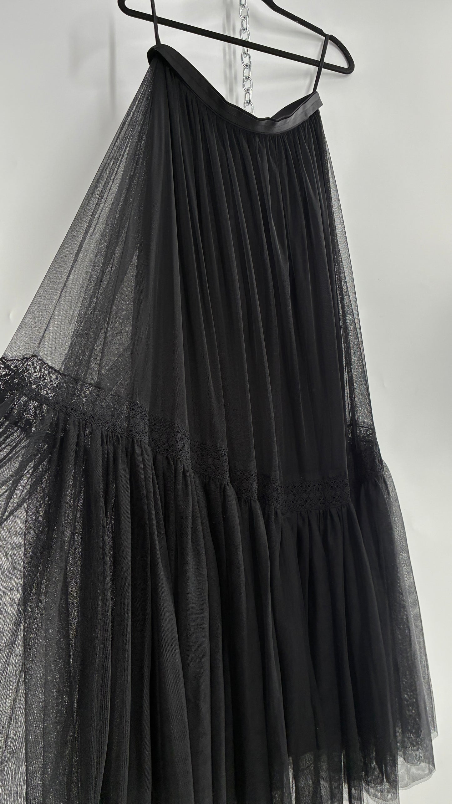 Needle & Thread Voluminous Black Multi Layer Mesh Full Length Skirt with Ribbon Waistline with Tags Attached (10)