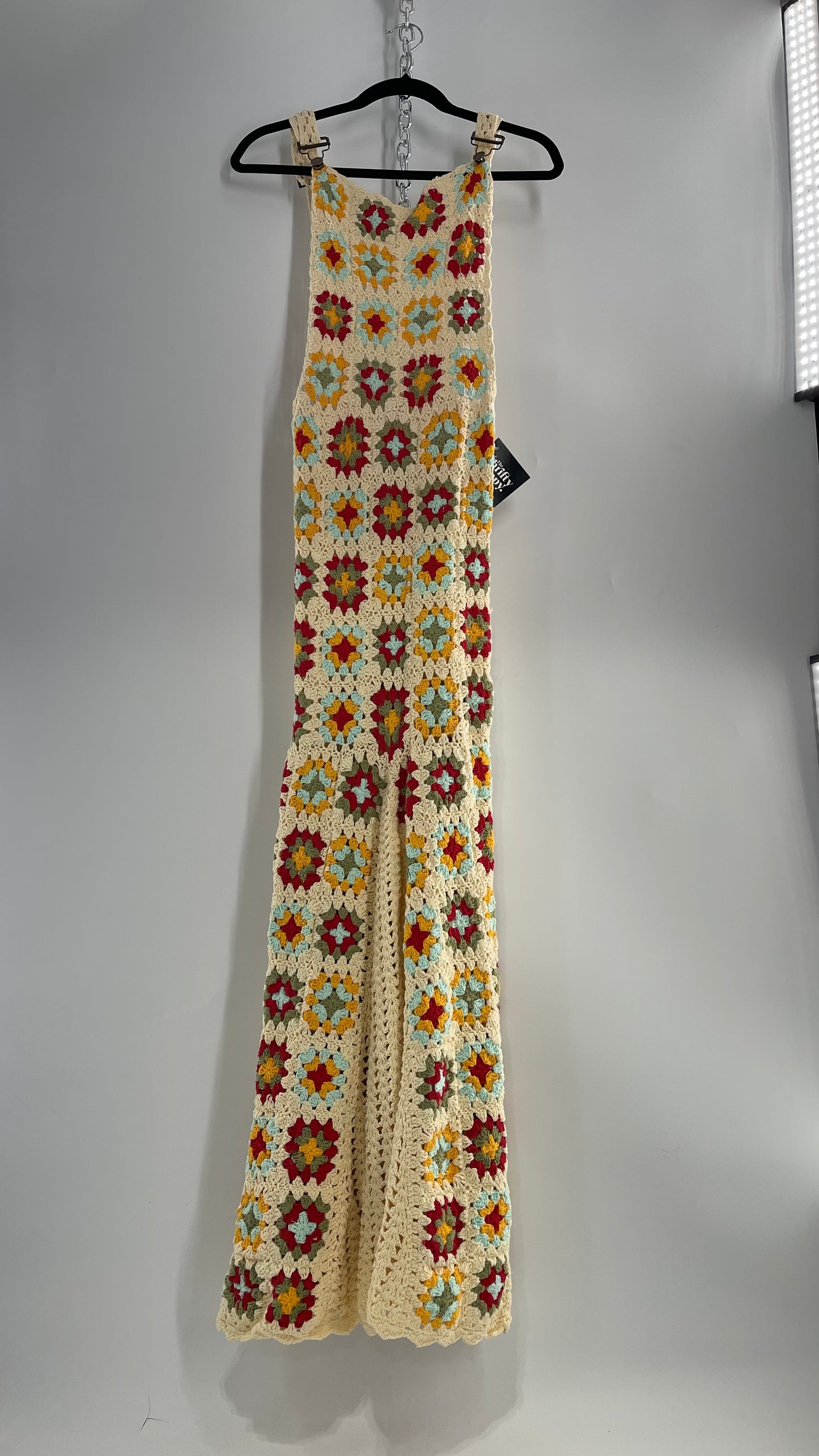 Free People Flook Beige Heavy Weight Crochet Granny Patchwork Overall Dress (Small)