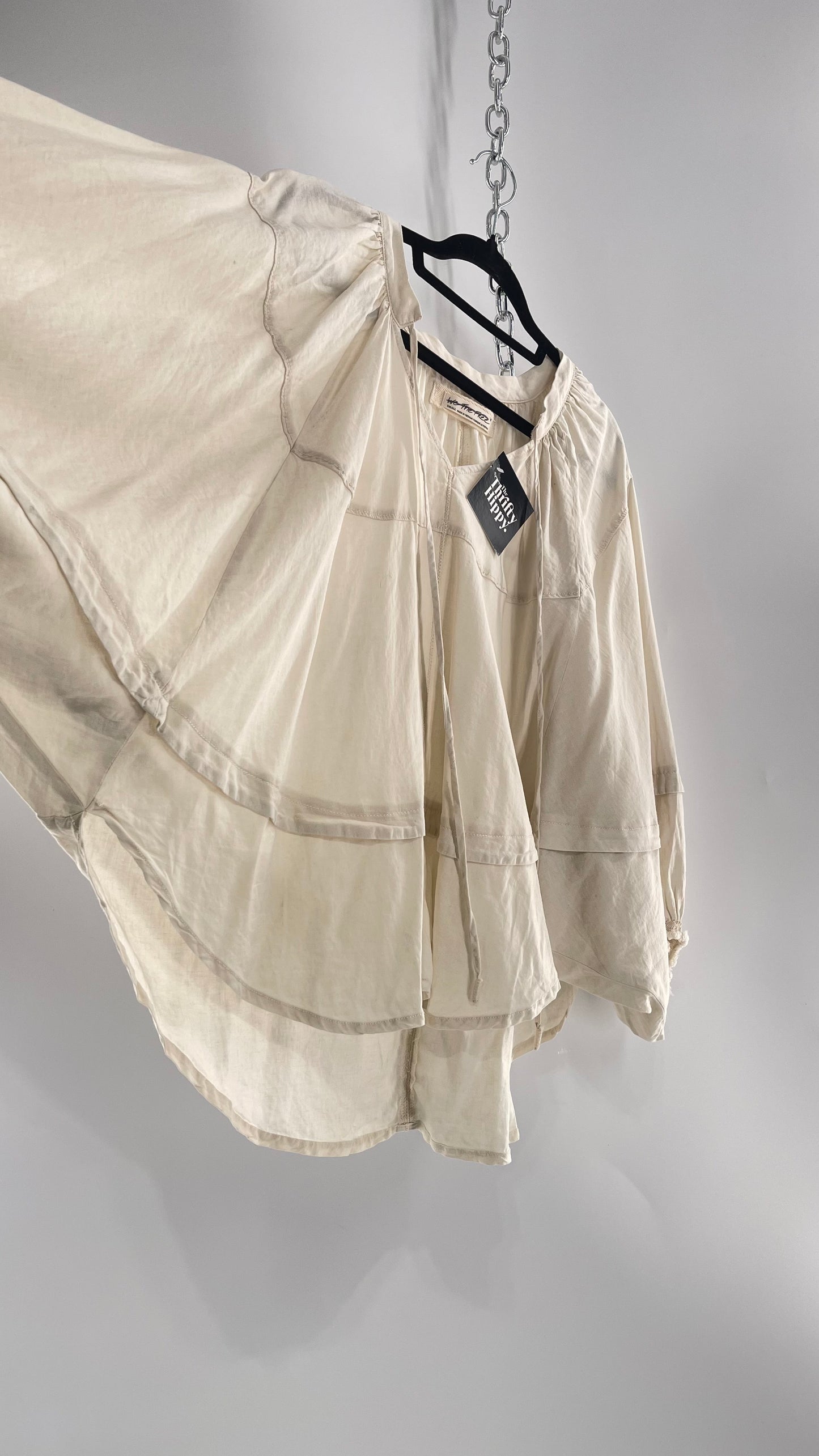 Free People Beige Off White Billow/ Prairie Sleeve Cape Blouse (Small)
