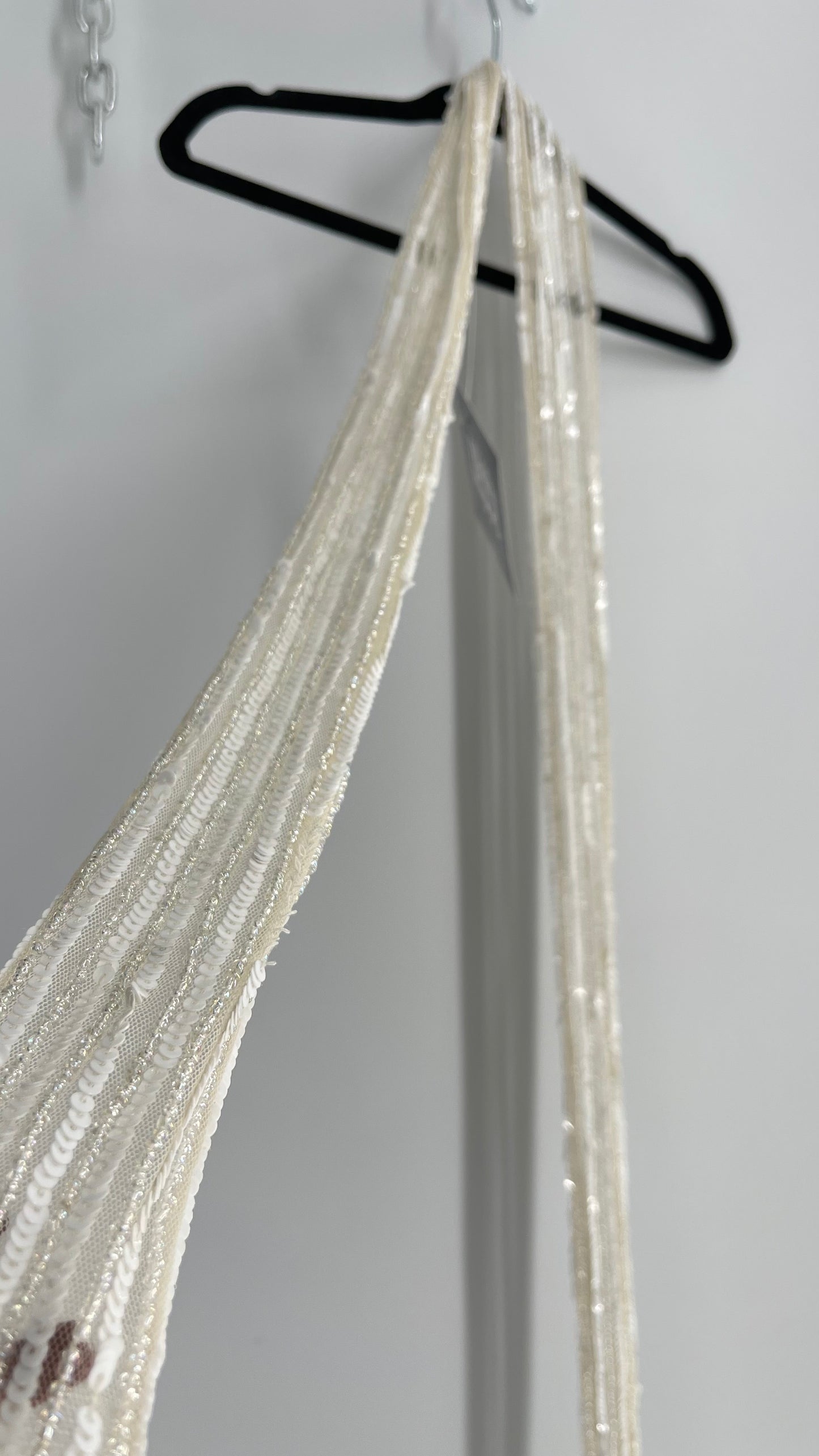 Vintage White Sequin Iridescent Beaded Skinny Scarf