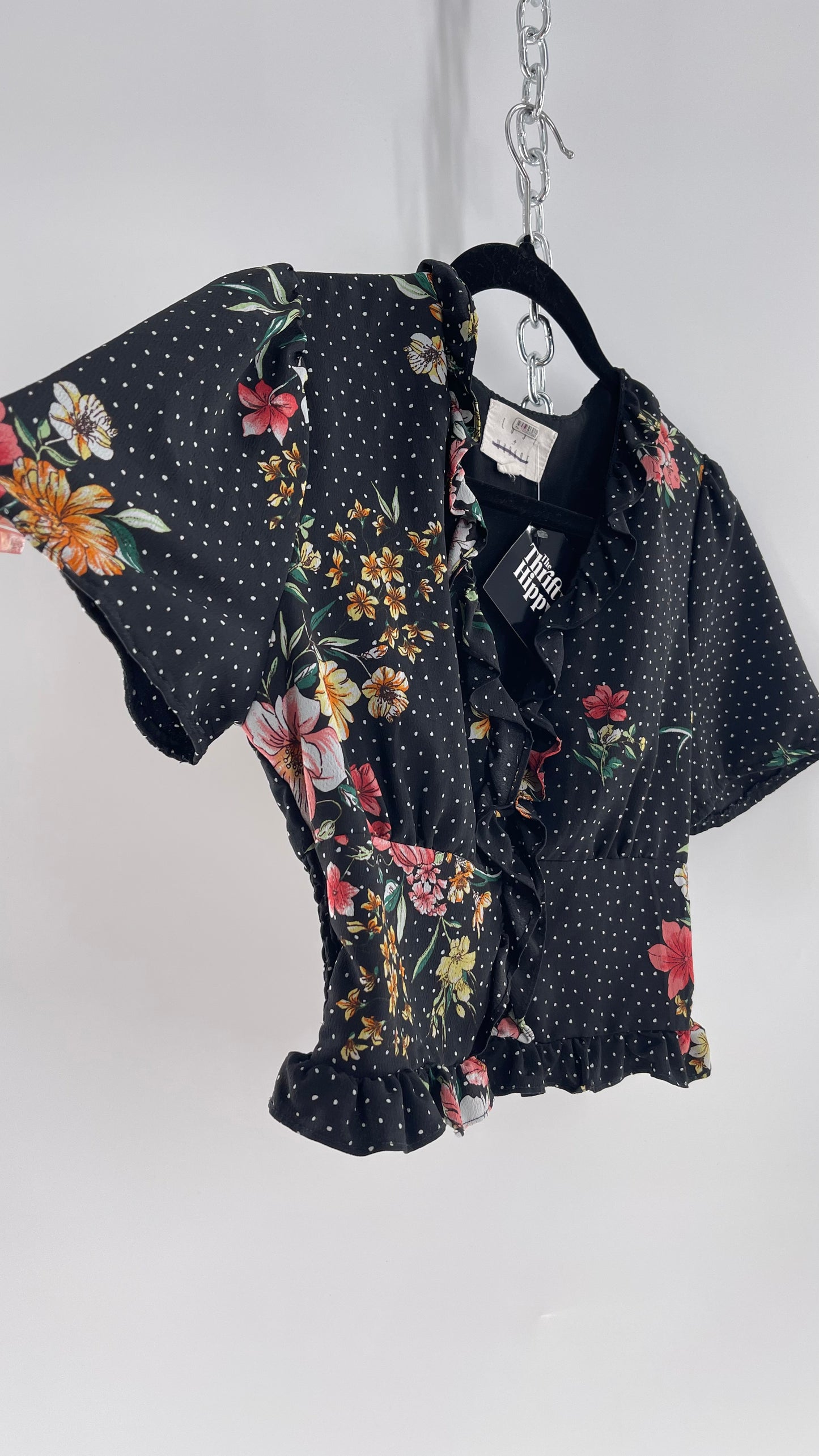 Lost &Wander Polka Dot Florals, Puff Sleeved Button Front (XS)