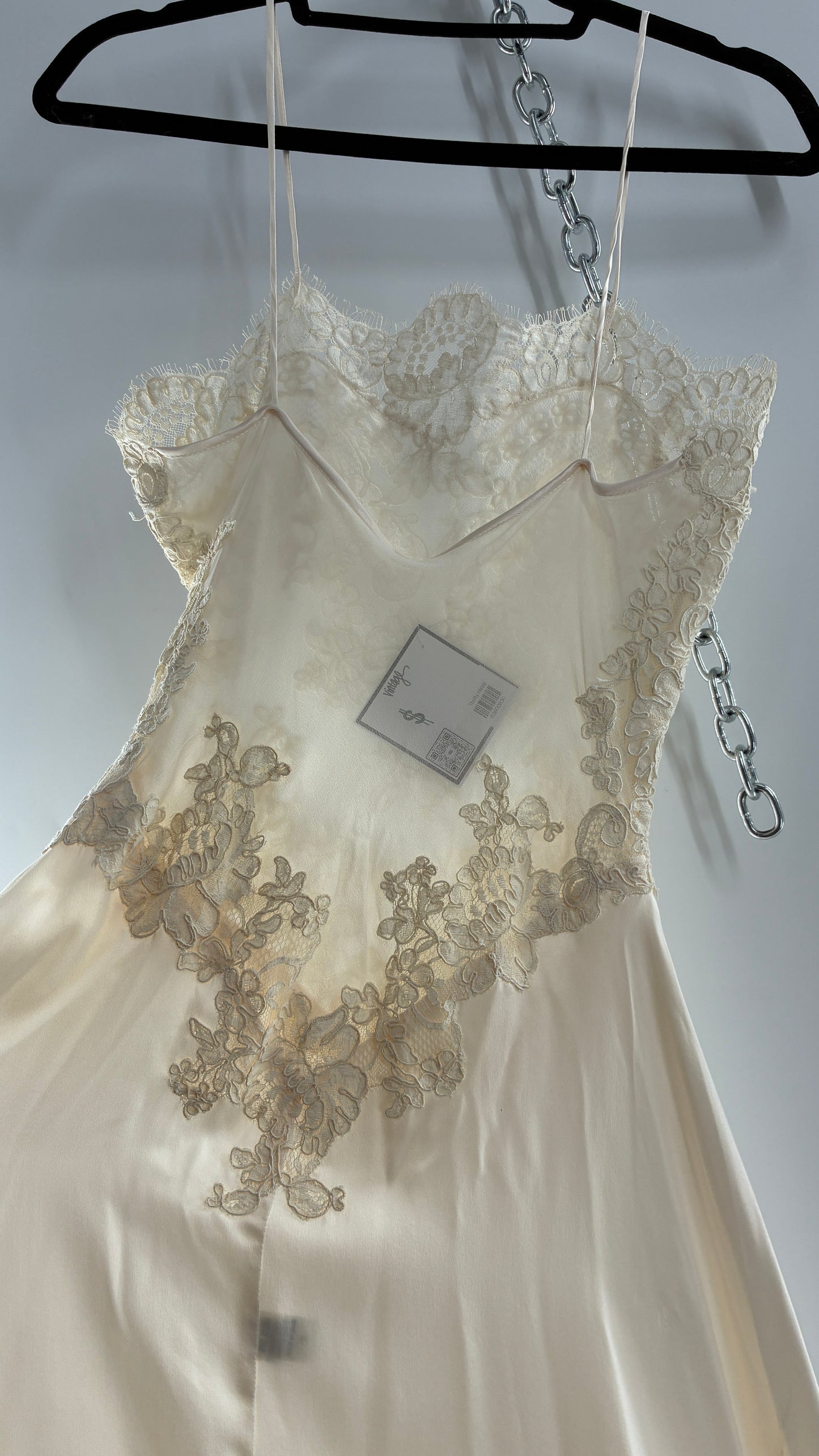 Vintage JONQUIL 100% Silk Gown with Heavy Lace Appliqués and Low Cut Sheer Back (Medium)
