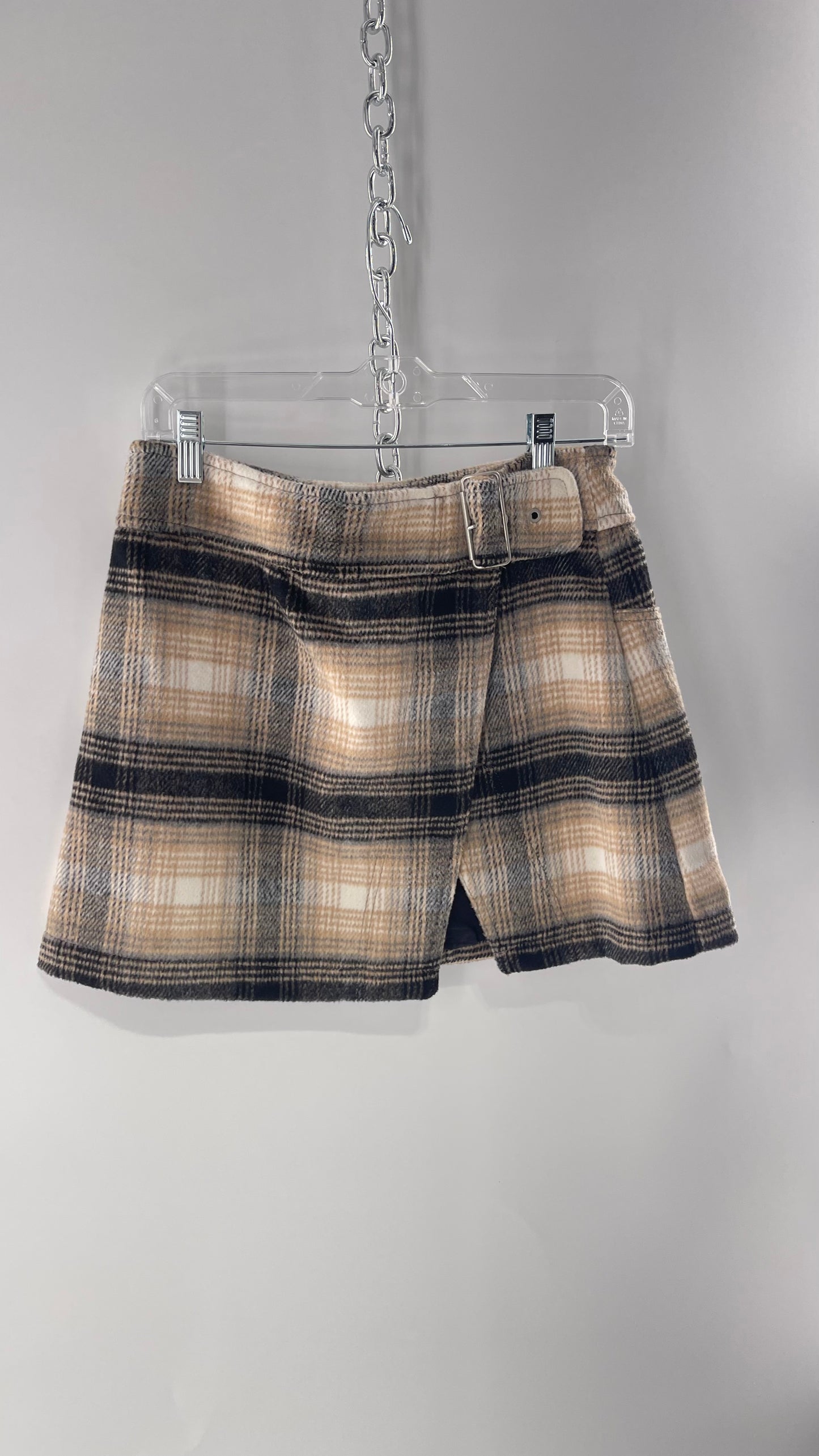 Free People Plaid Beige Gray Soft Mini Skirt with Side Slit and Built in Grommet Belt