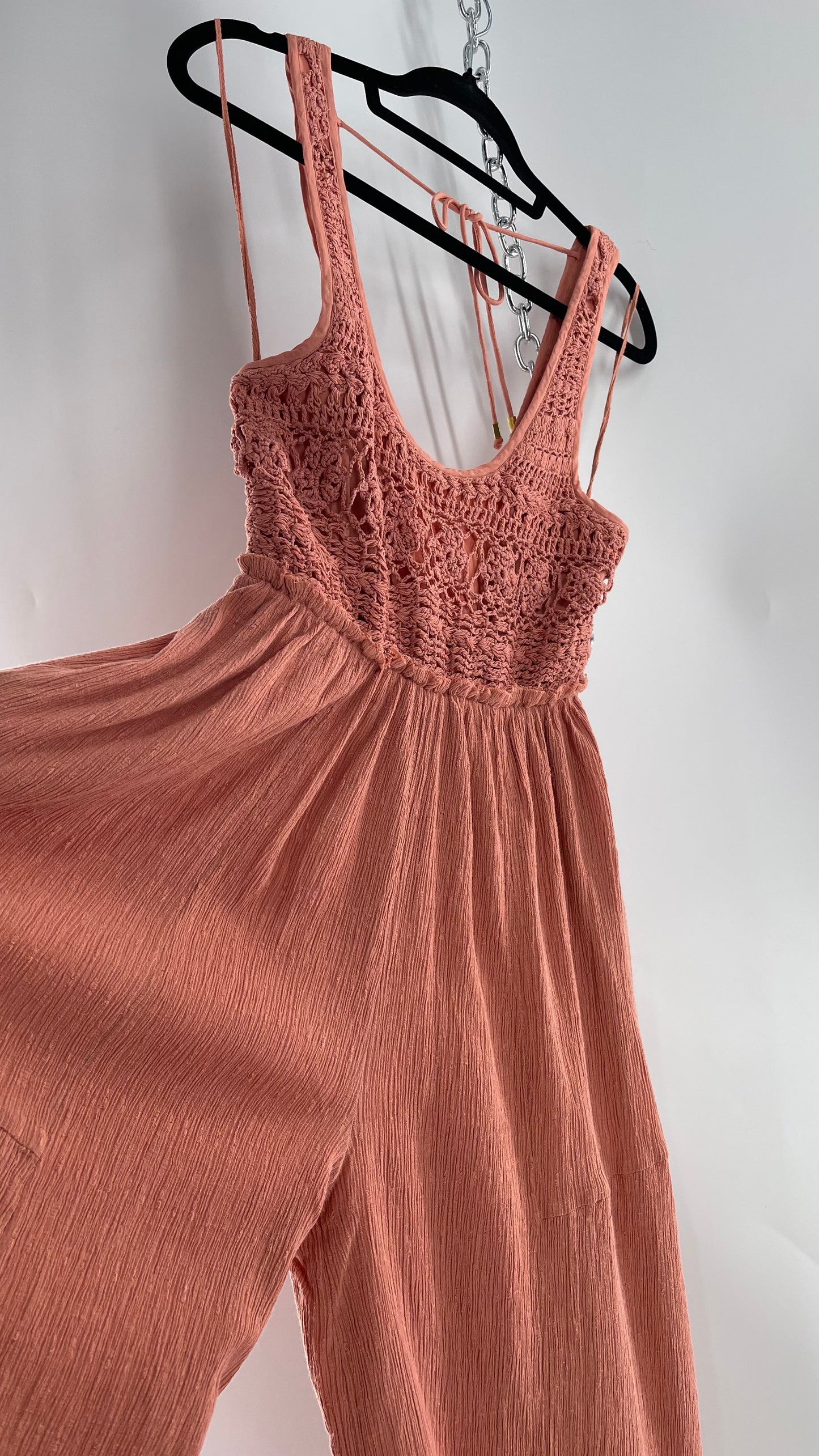 Free People Rose/Peach Pink Wide Leg Jumpsuit with Crochet Bust and Tags Attached (XS)