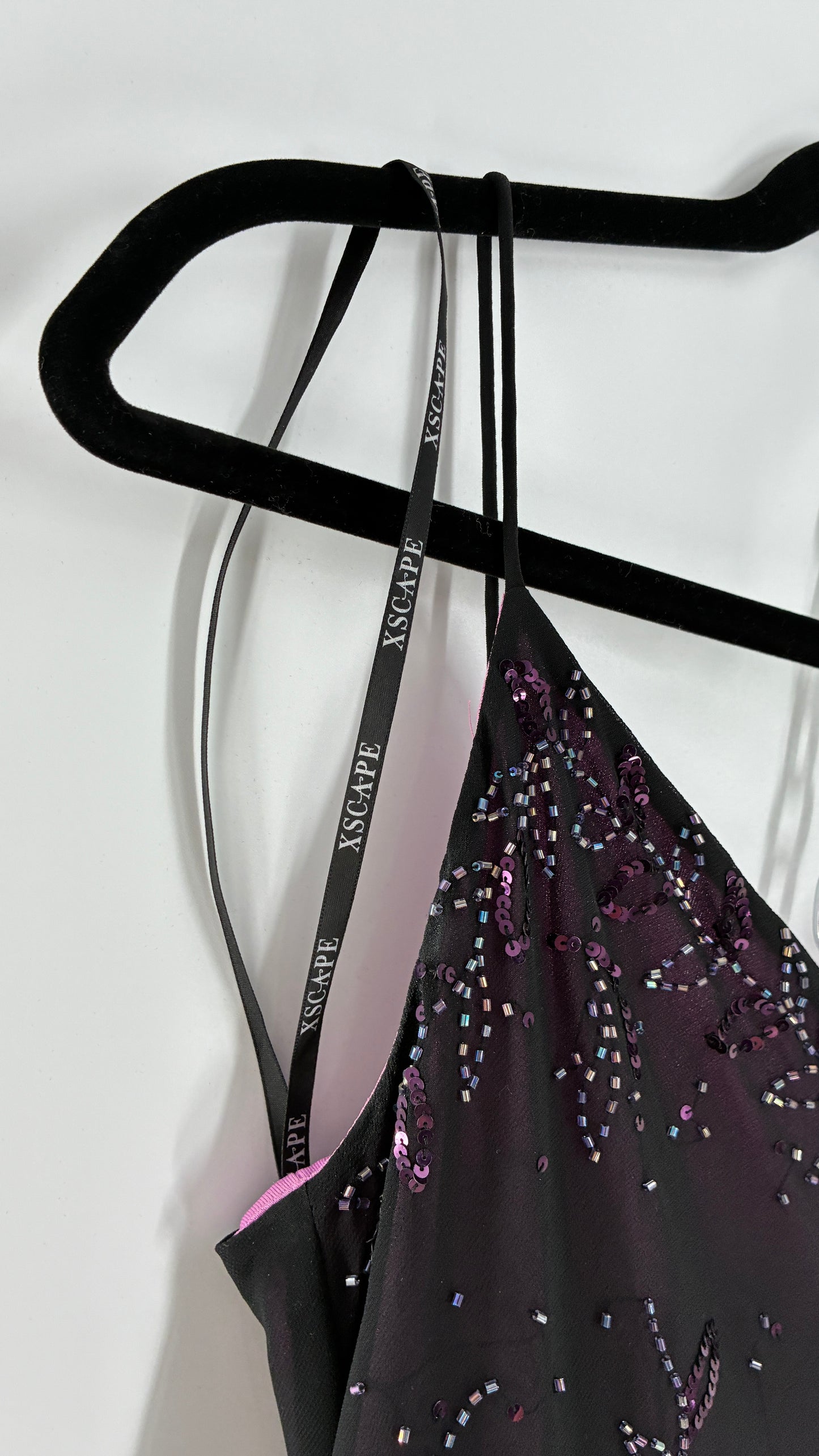 Vintage XSCAPE Full Length Black Beaded Gown with Purple Underlay (4)