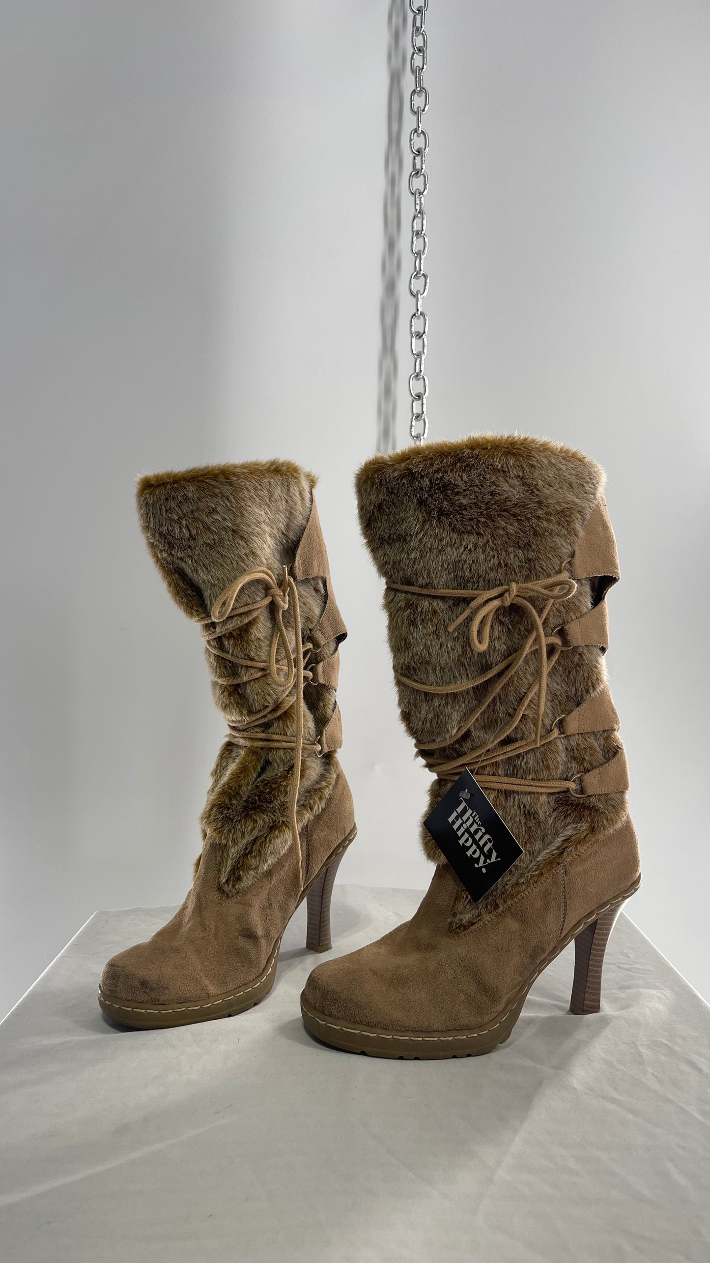 Vintage Round Toe Faux Fur Booties with Tie Up Details (7.5)