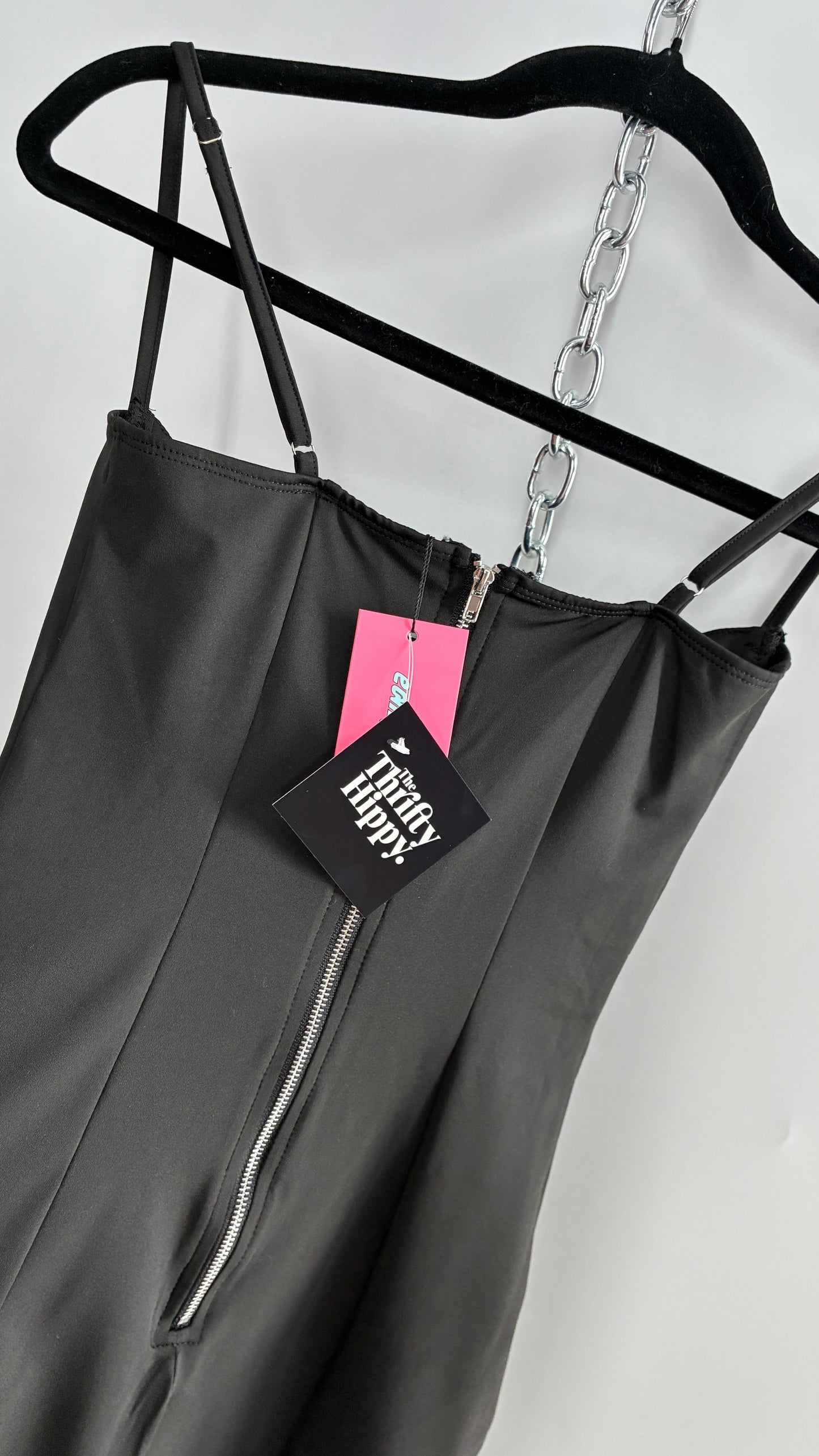 Edikted Black Satin Underbust Panel Mini Dress with Baby Pink Bow and Tags Attached (XS)