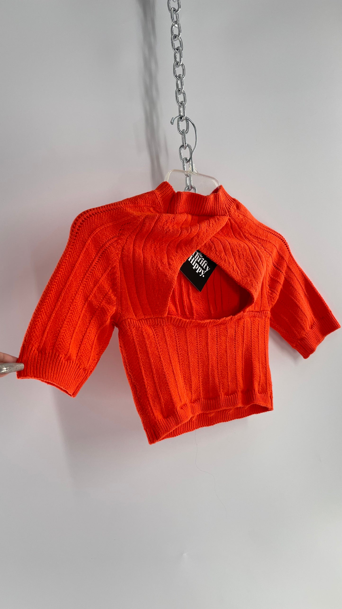 Free People Orange Knit Mock Neck Sweater with Keyhole Open Back (Small)
