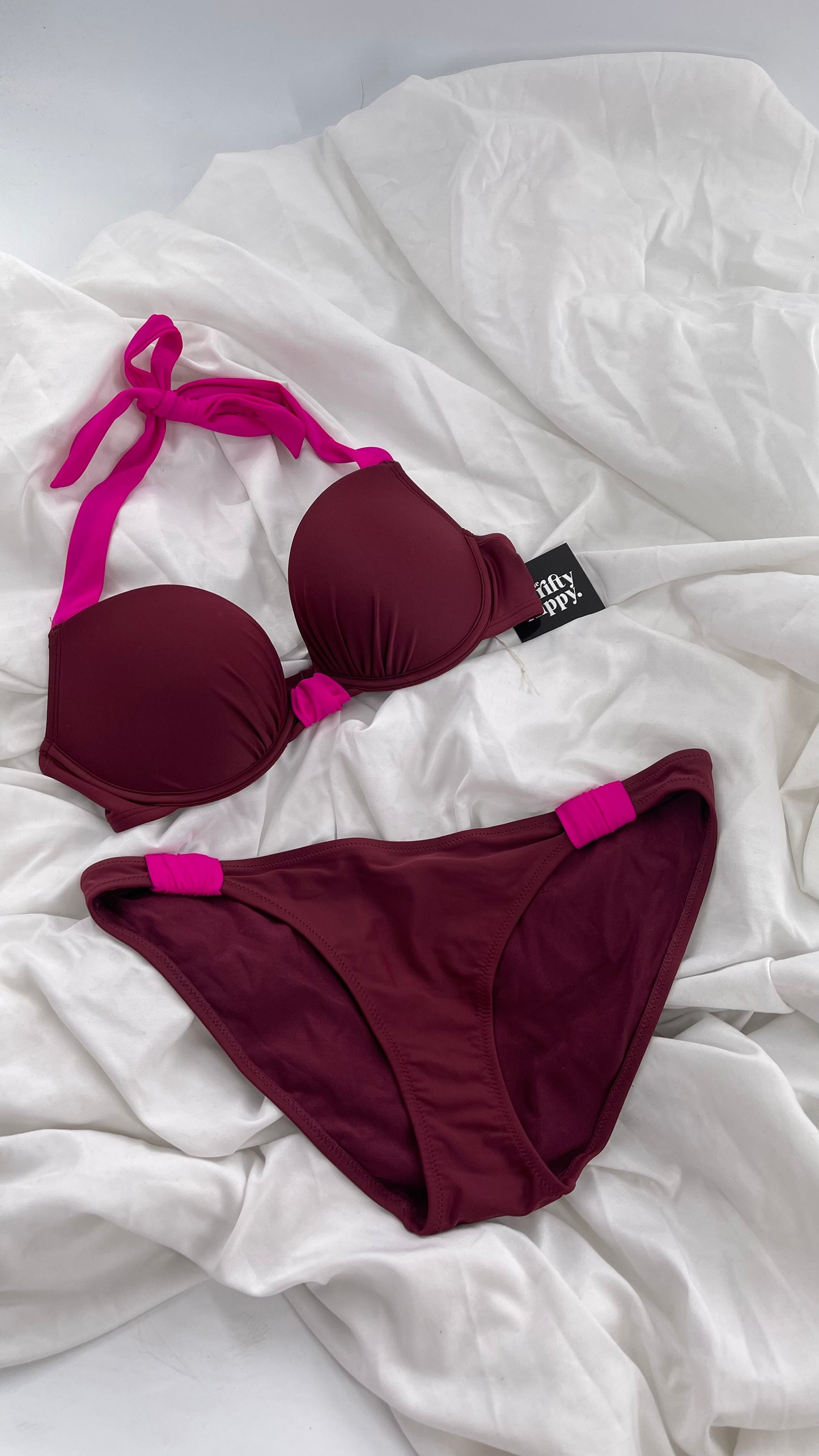 AERIE Burgundy Padded Underwire Swim Top Set with Fuchsia Details (36C/L Bottoms)
