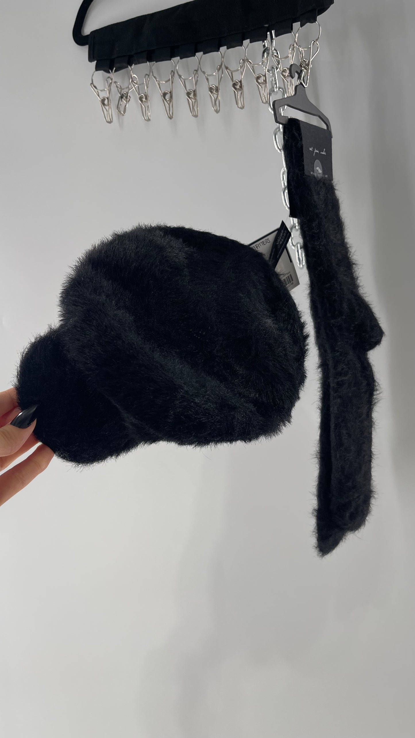 Urban Outfitters Black Fuzzy Newsboy Cap and Knee High Sock Set