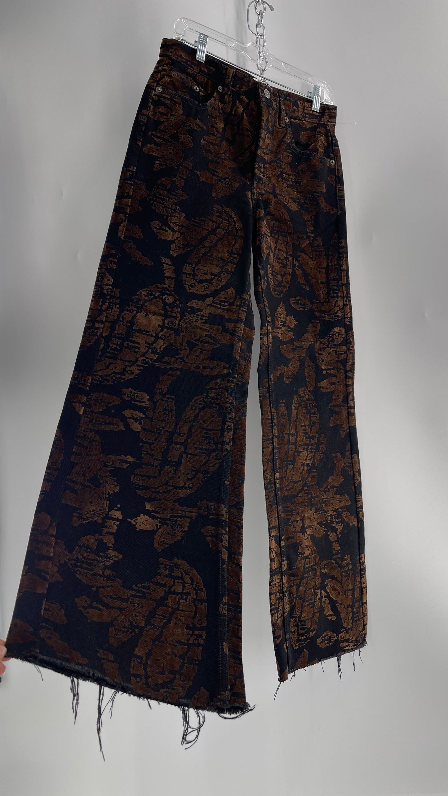 Free People Black/Brown Velvet Texture Graphic Straight Legs with Raw Edge Hem (27)