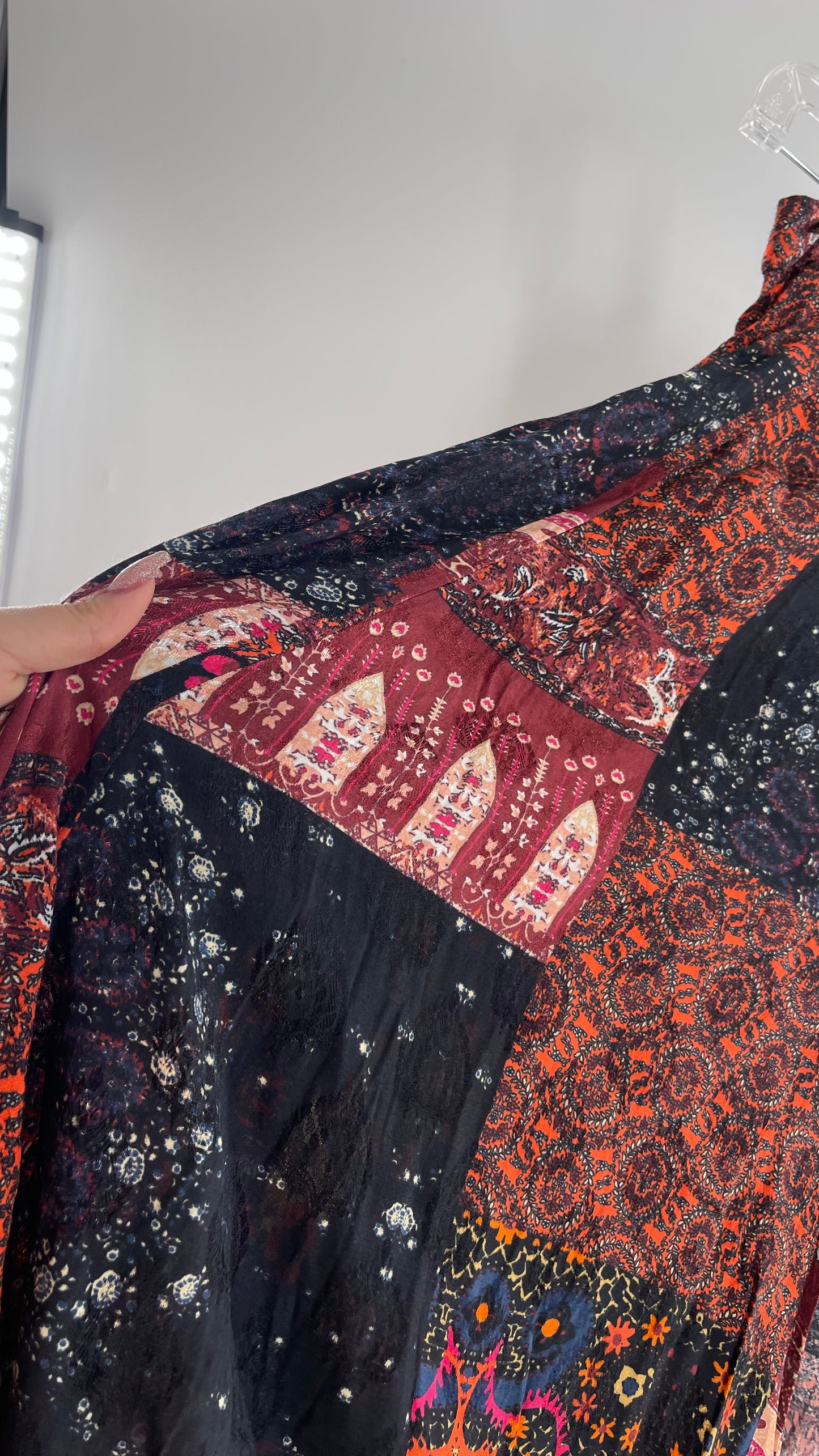 Free People Burgundy Satin Patchwork Patterned Fringe Full Length Skirt with Embossed Symbols and Side Slit Tags Attached (0)