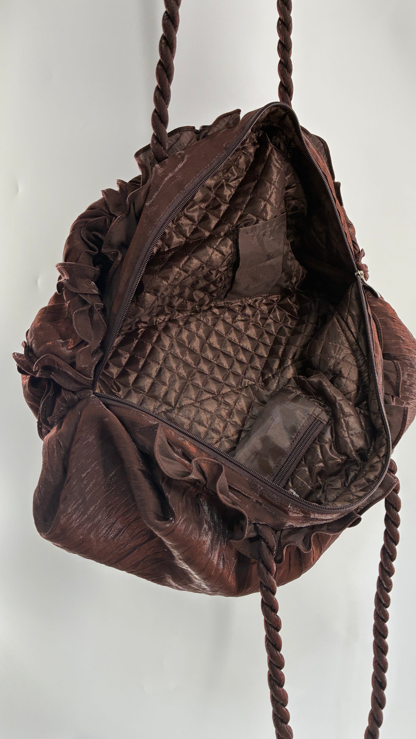Vintage Oversized Brown Slouchy Purse with Embroidered Rosettes and Braided Strap