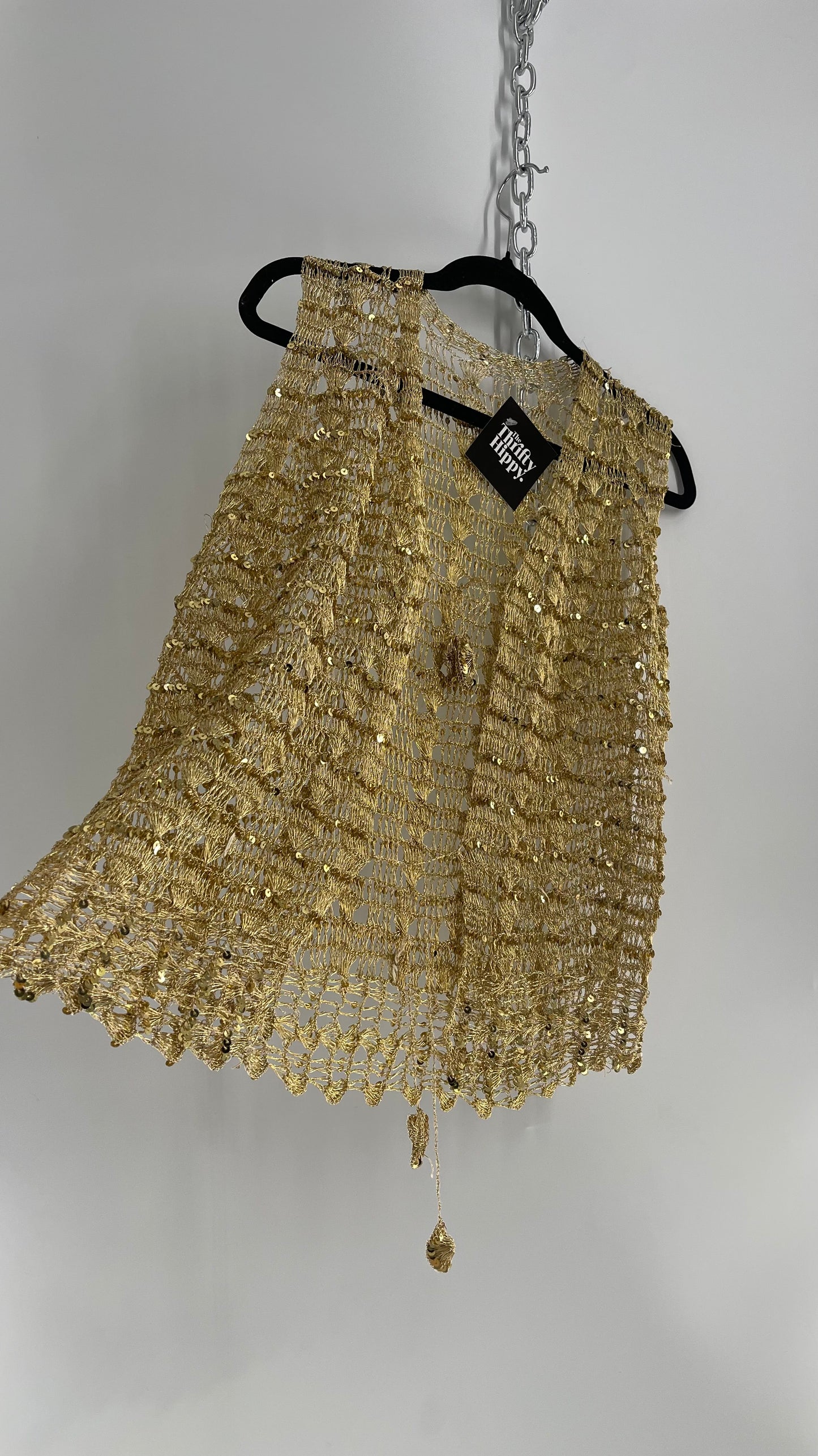 Vintage Gold Crochet Sequin Tie Bust Vest (S/M)